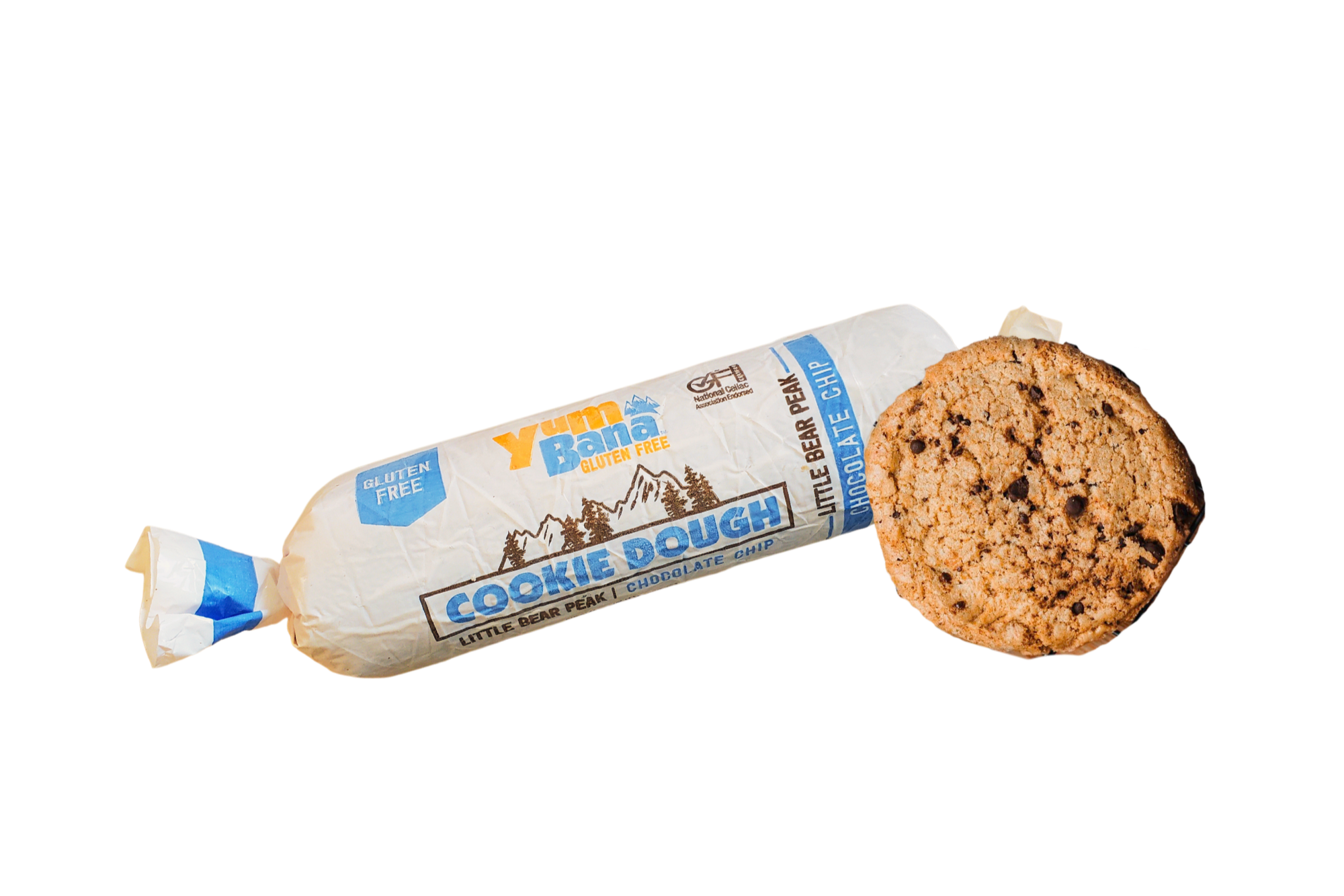 A Yumbana Gluten-Free cookie dough package with a baked cookie