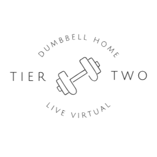 Logo with a dumbbell illustration, text reading 'Dumbbell Home,' 'Tier Two,' and 'Live Virtual' arranged around it.