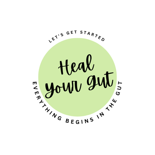 A circular graphic with a light green center and black text that says "Heal your gut". The circle's outer ring has additional black text that says "Let's get started" at the top and "Everything begins in the gut" at the bottom.