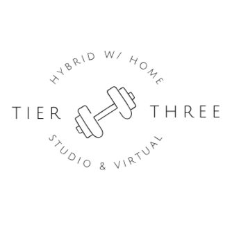 Logo with a dumbbell in the center and text around it that reads "Hybrid w/ Home," "Tier 3," and "Studio & Virtual."