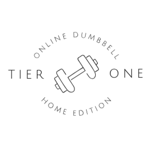 Logo featuring a dumbbell with text 'Online Dumbbell' and 'Tier One Home Edition' arranged in a circle around it.