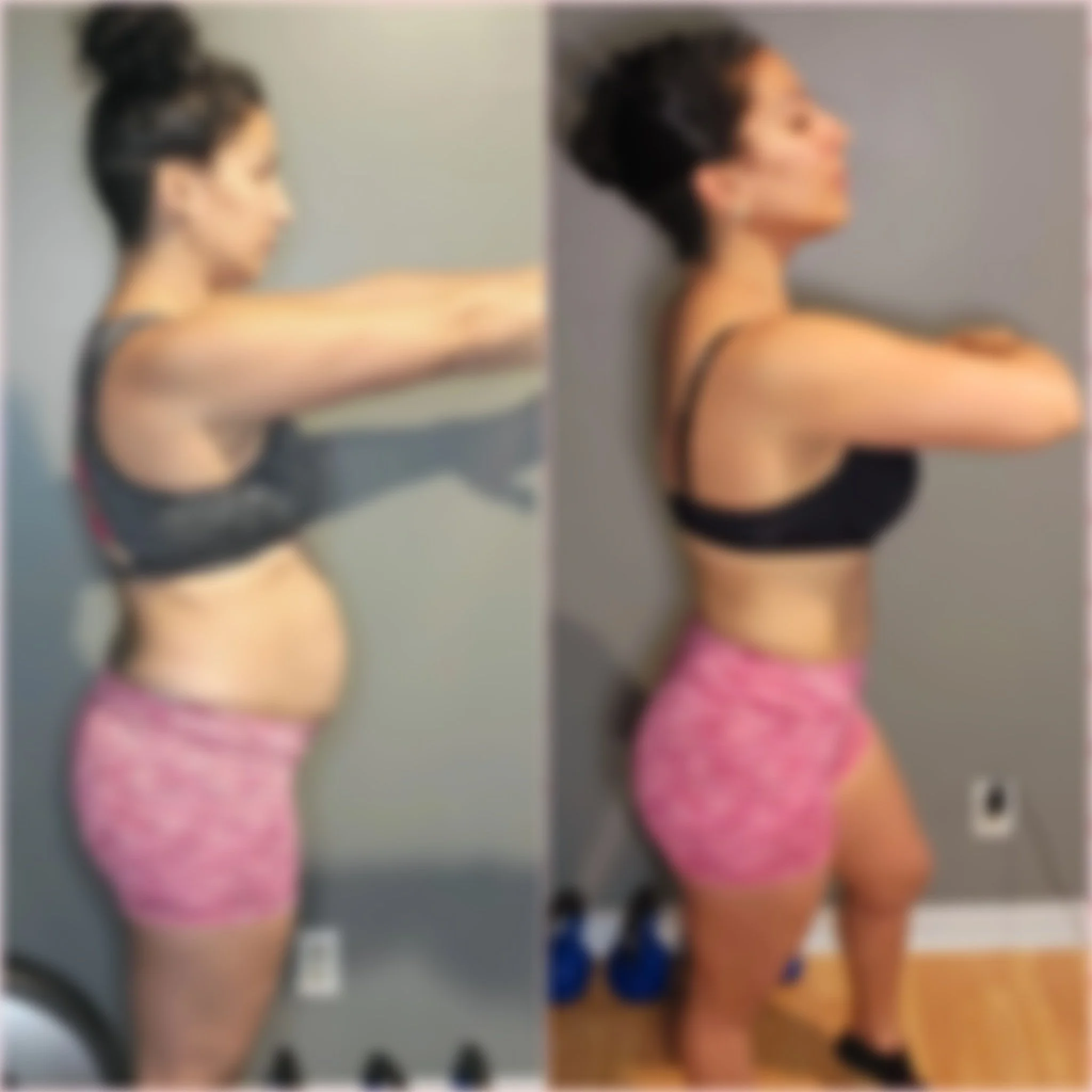 Side-by-side comparison of a woman before and after fitness transformation, showing reduced body fat and increased muscle tone.