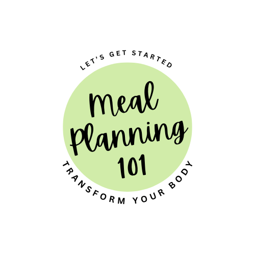 A circular graphic with a light green background and black text that reads 'Meal Planning 101' in the center. The outer ring has black text that says 'Let's Get Started' at the top and 'Transform Your Body' at the bottom.
