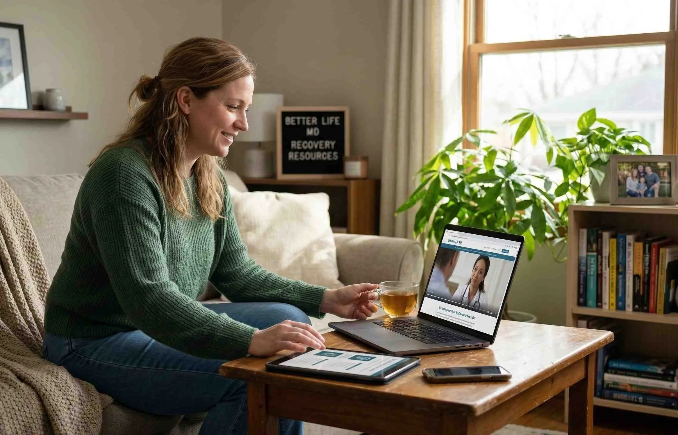 An Indiana patient sitting in their comfortable living room, accessing virtual addiction recovery resources on a laptop and tablet.