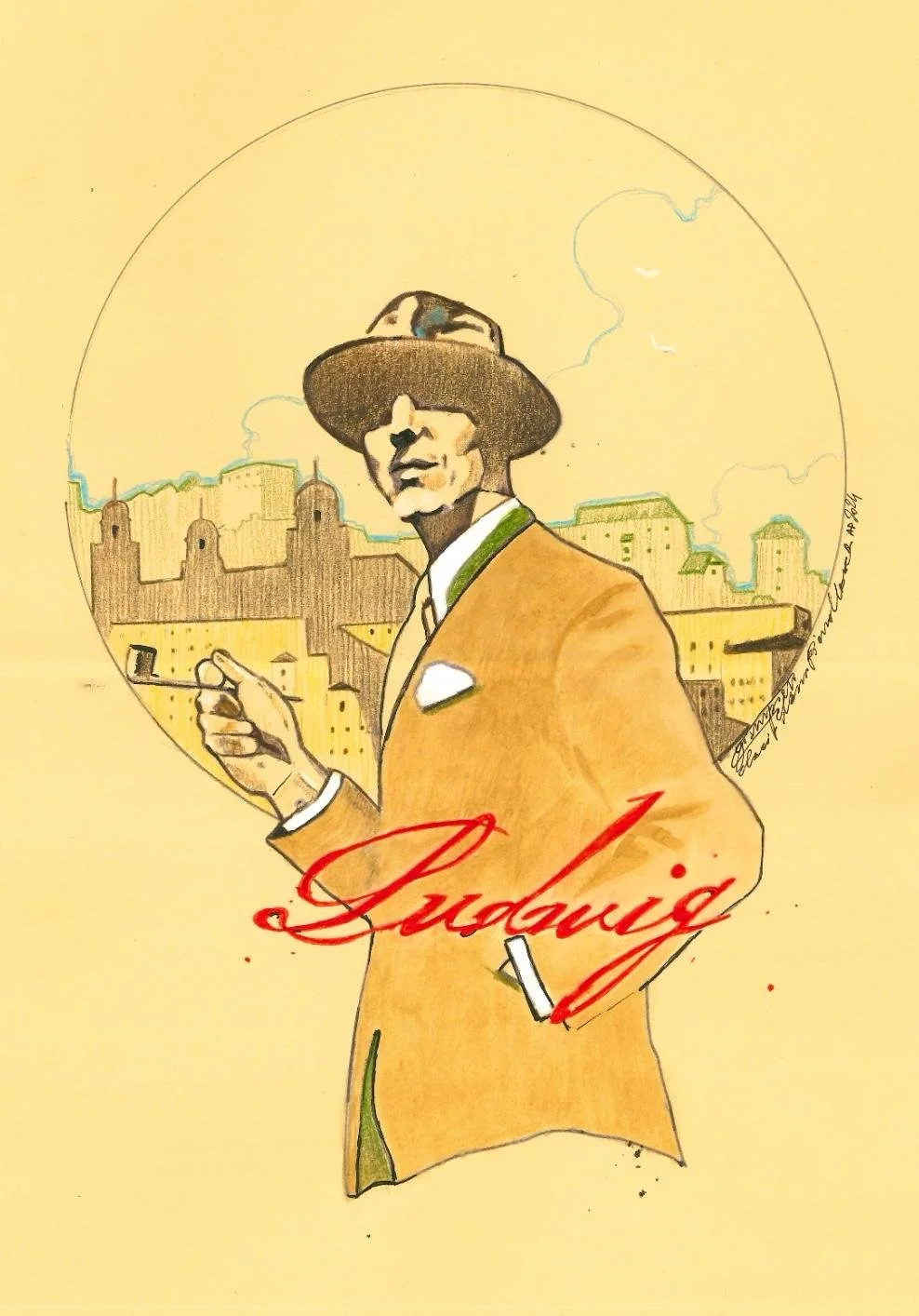 Un dessin stylisé d'un homme en manteau orange, portant un chapeau, tenant une pipe, avec un décor de ville en arrière-plan, et le nom 'Ludwig' écrit en rouge en dessous.