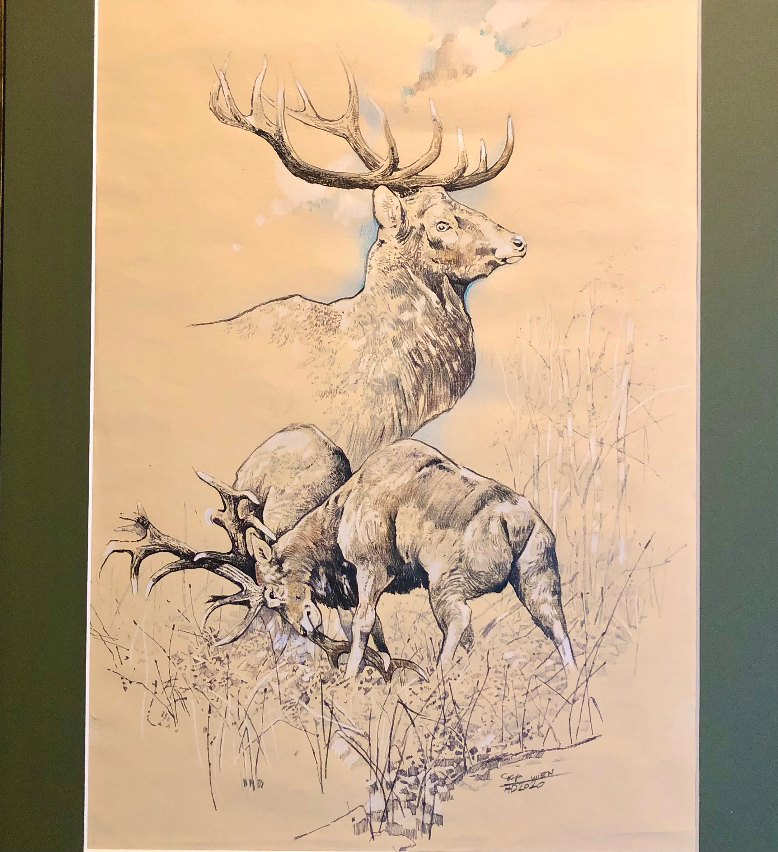 Dessin de deux cerfs dans un paysage de forêt, avec un cerf au premier plan et un autre en arrière-plan, tous deux avec de grands bois.