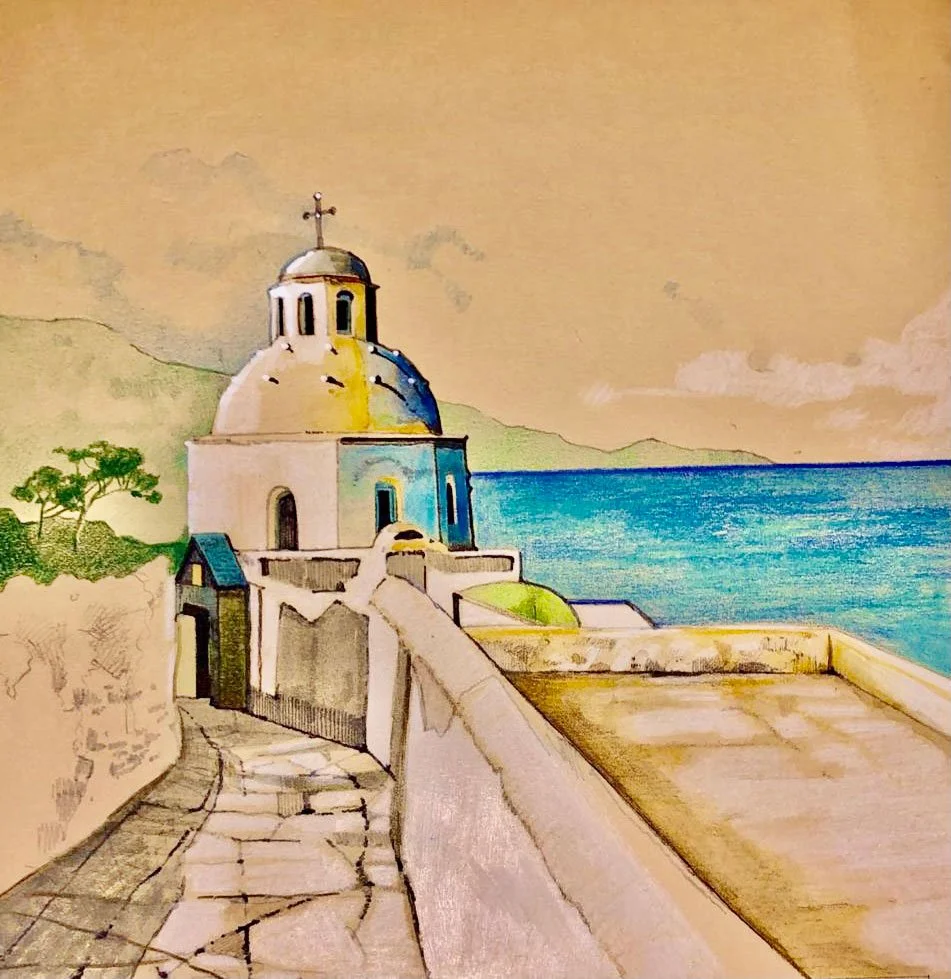 Peinture représentant une église blanche avec un dôme, un chemin en pierre, la mer bleue en arrière-plan et une montagne verte à gauche.