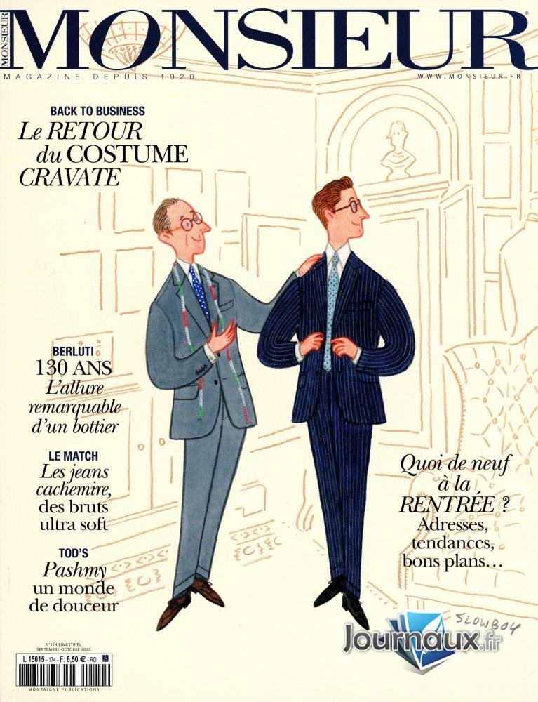 Couverture de magazine Monsieur avec deux hommes en costumes dans un intérieur élégant, style dessin, discussion, texte en français sur la mode et la rentrée.