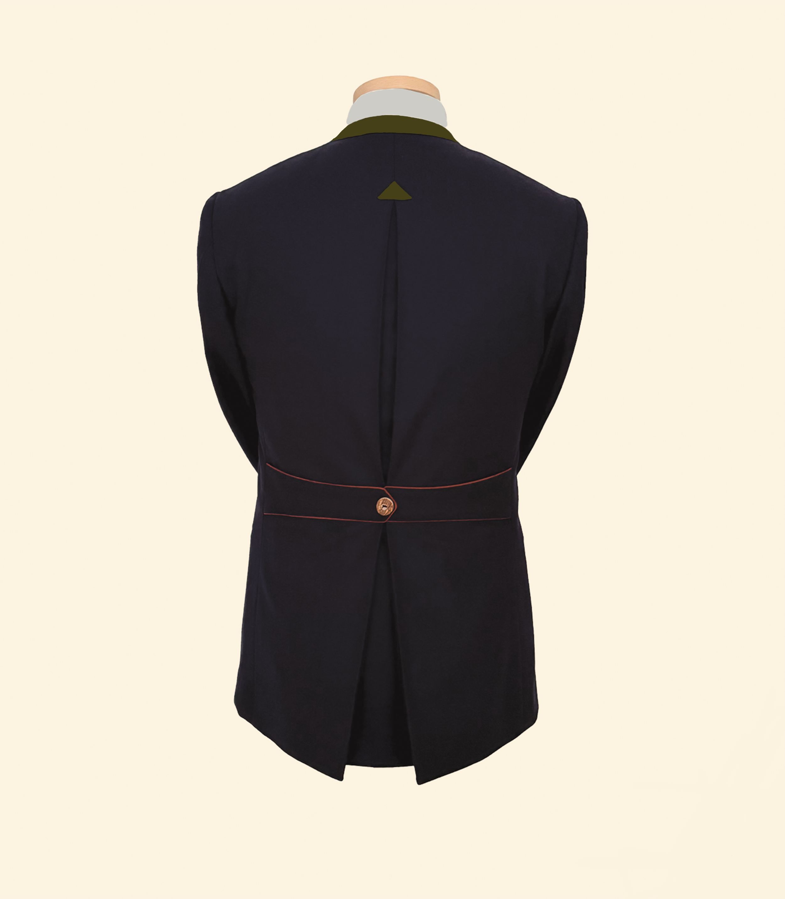 Costume de style ancien avec veste noire et cravate, vu de dos.