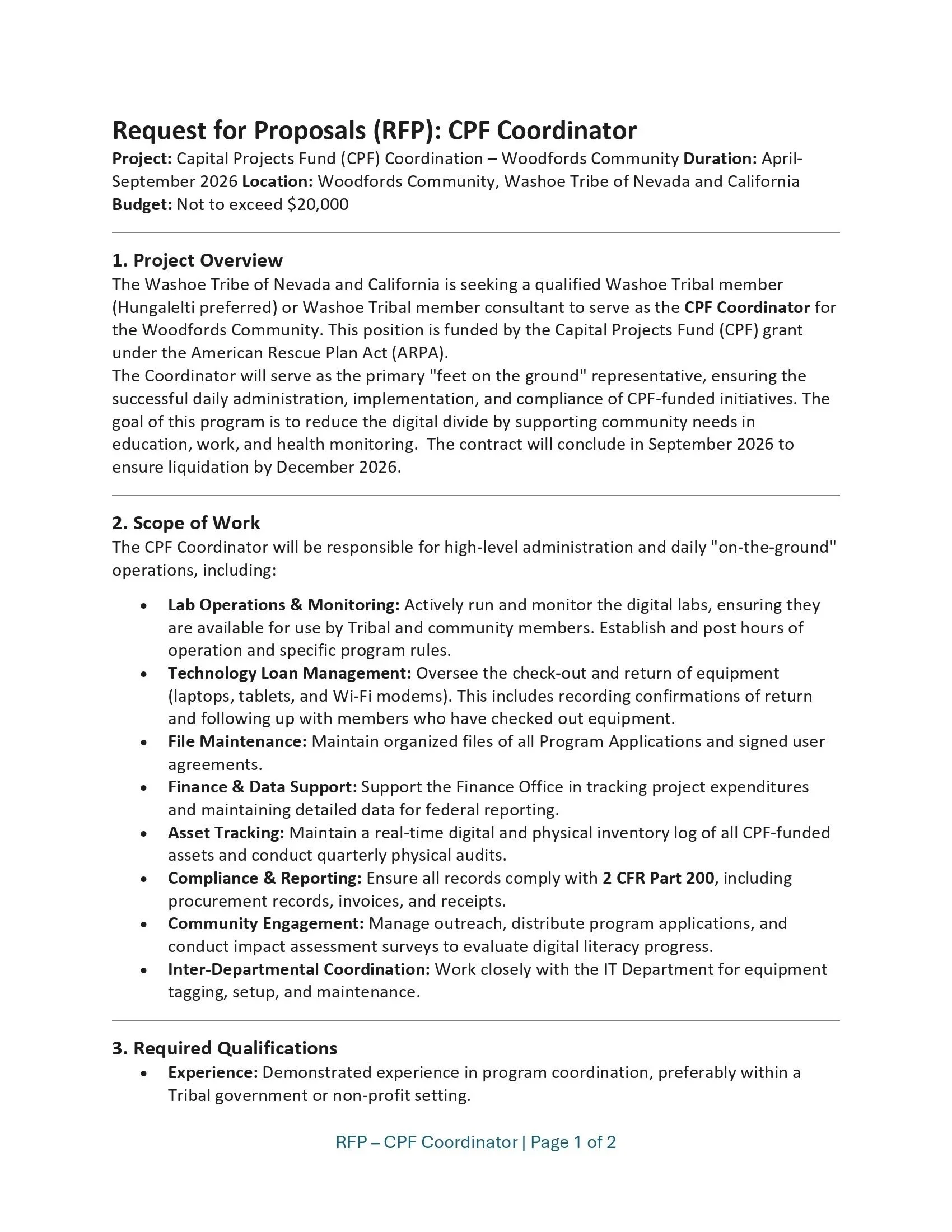 Capital projects fund coordinator - RFP