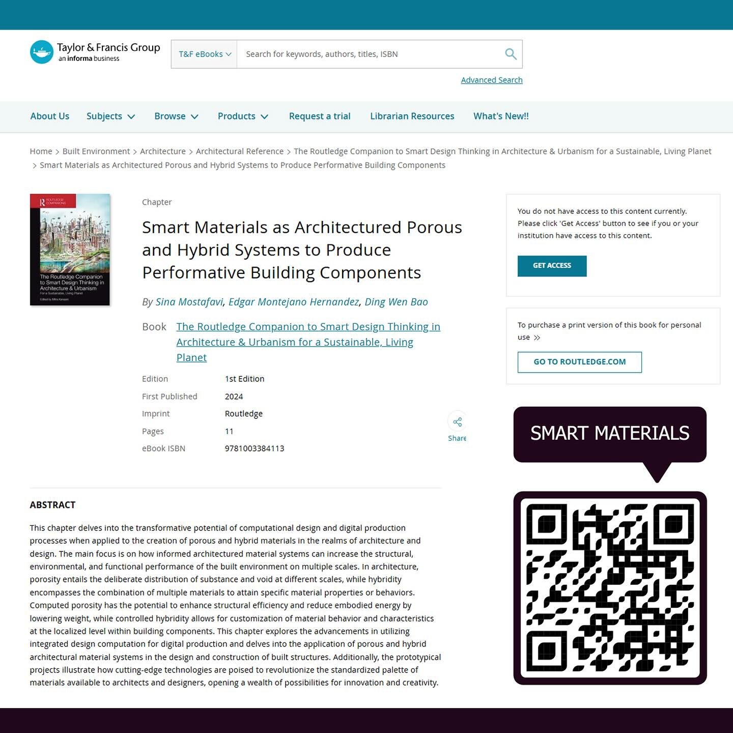 Excited to share the recent publication of 2 chapters on #SmartMaterials and #SmartPrototyping in The Routledge Companion to Smart Design Thinking in Architecture &amp; Urbanism for a Sustainable, Living Planet.

Chapter 3.3, &ldquo;SMART MATERIALS a