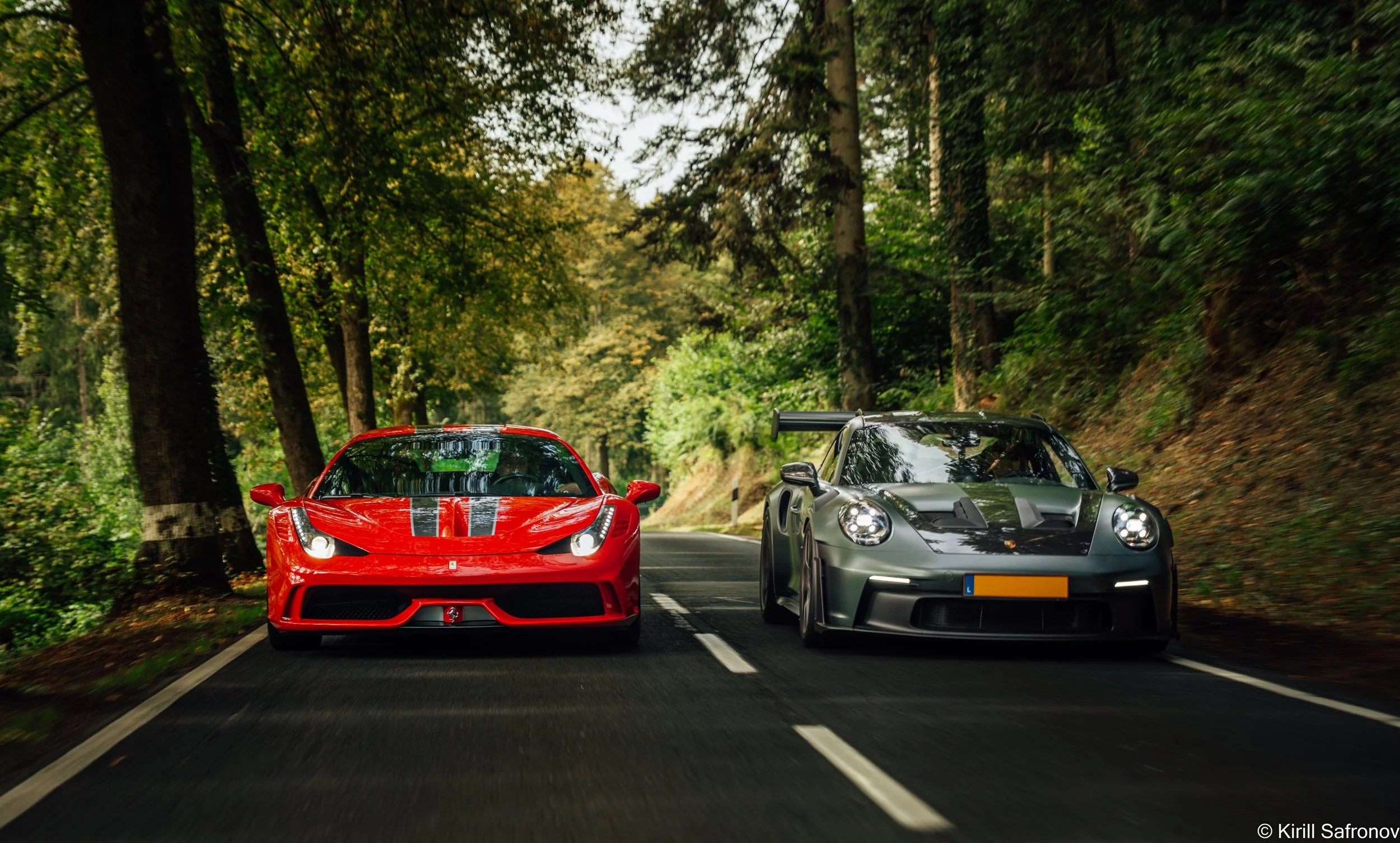 Ferrari 458 Speciale and Porsche 911 GT3 RS on Forest Road