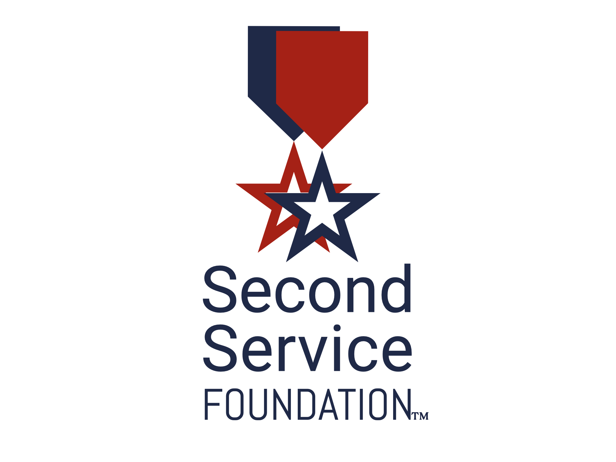 Logo of the Second Service Foundation featuring a hanging medal with red, white, and blue stars and the organization name in navy blue text.