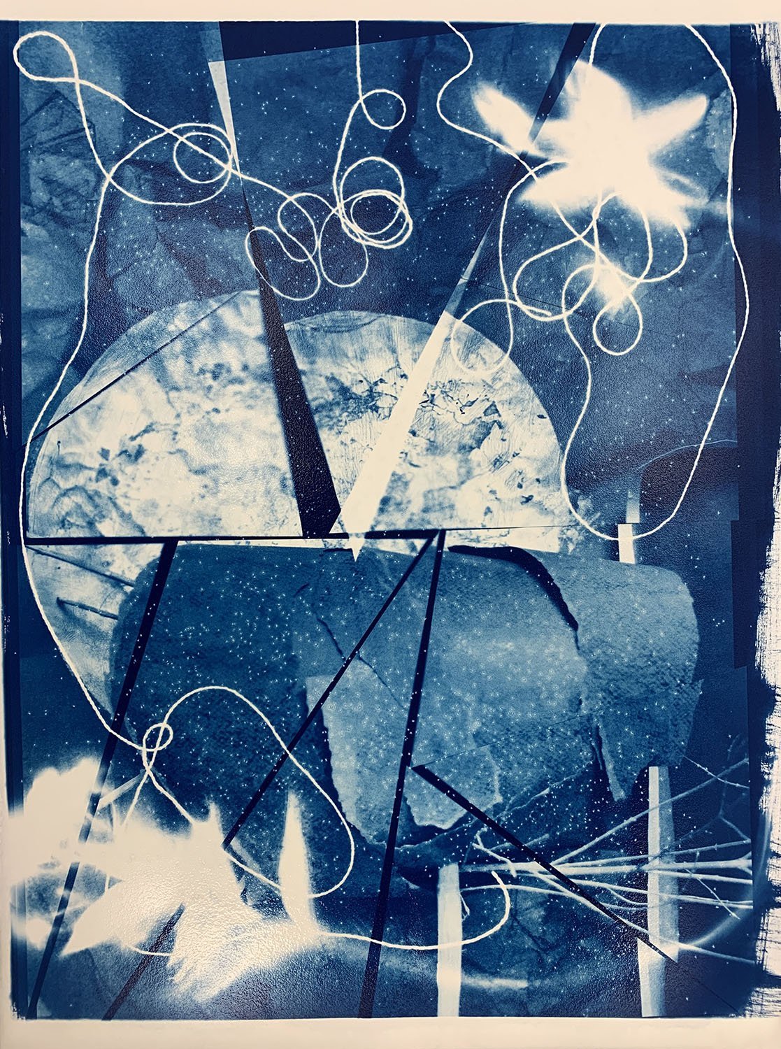 Production, Construction, Destruction, Repeat…,cyanotype with cut and reassembled digital negatives, cliché verre, and photogram elements, 30” x 22”