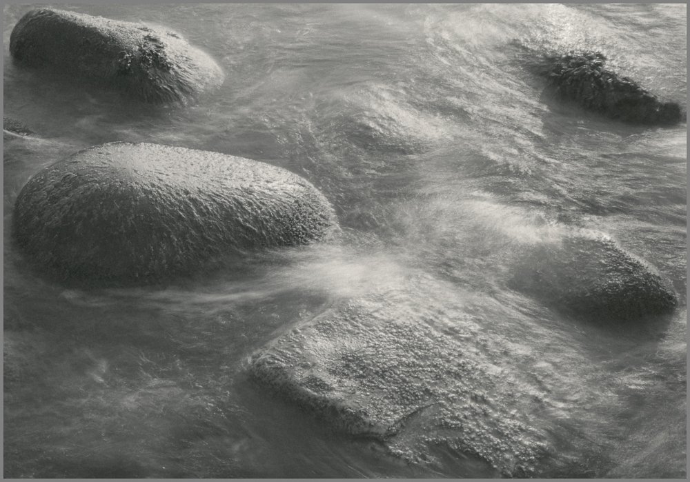 Mike Ware, Boulders in the Flow, Scapa, 1984. Platinum-palladium print on Revere Platinum paper from digital enlarged negative of the original 6 x 9 cm rollfilm negative.