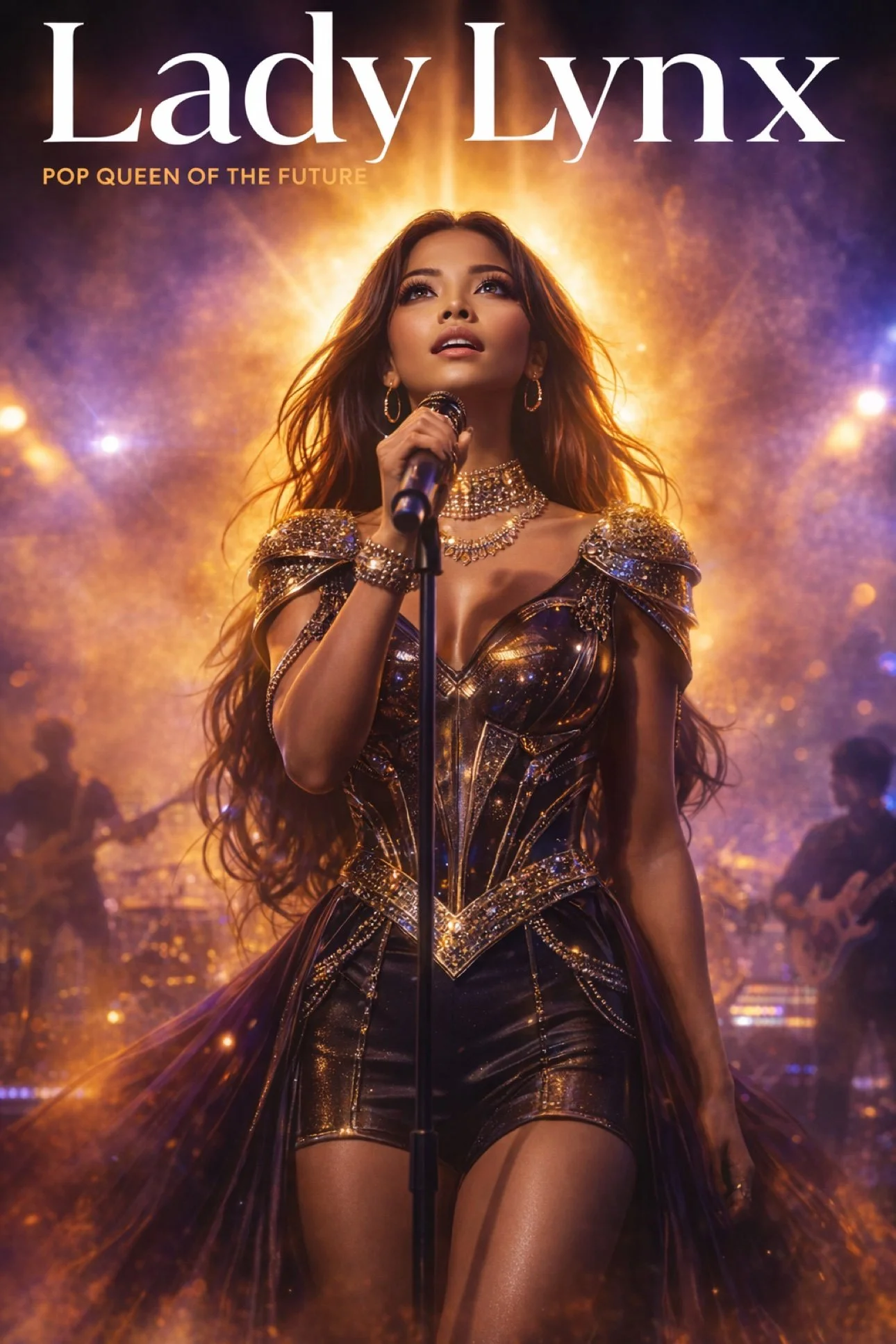 Lady Lynx poster — POP QUEEN OF THE FUTURE concert poster, singer on stage with a microphone in a gold and black outfit
