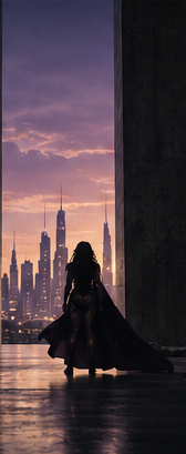 Silhouetted caped figure standing in a doorway looking out at a sunset city skyline