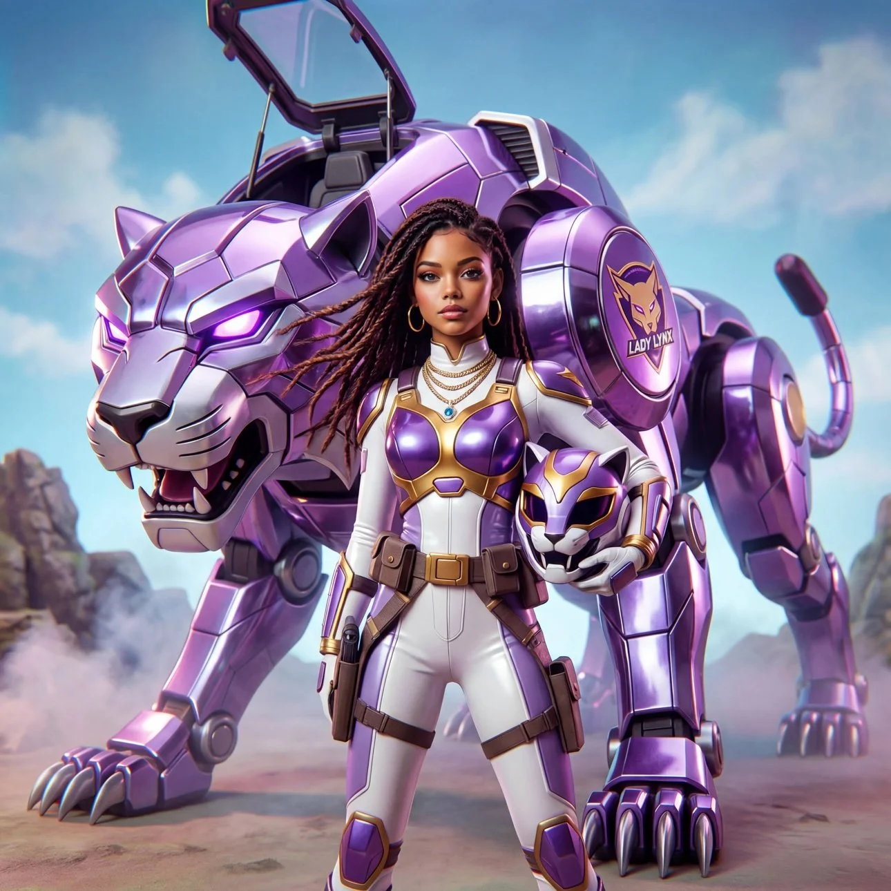Lady Lynx panther vehicle key art, heroine in white, purple and gold suit holding a panther helmet, standing before a giant purple robotic panther vehicle with open cockpit