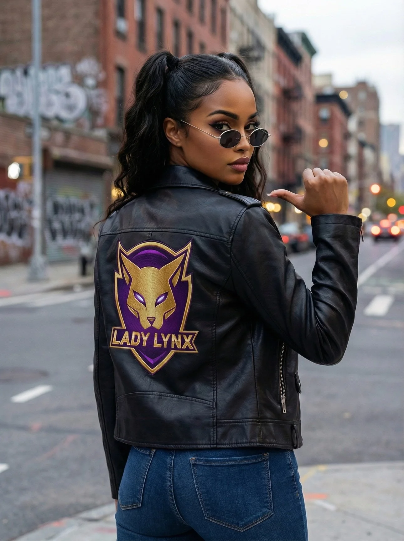 Lady Lynx merch — woman on a city street wearing a black leather jacket with the Lady Lynx shield logo on the back