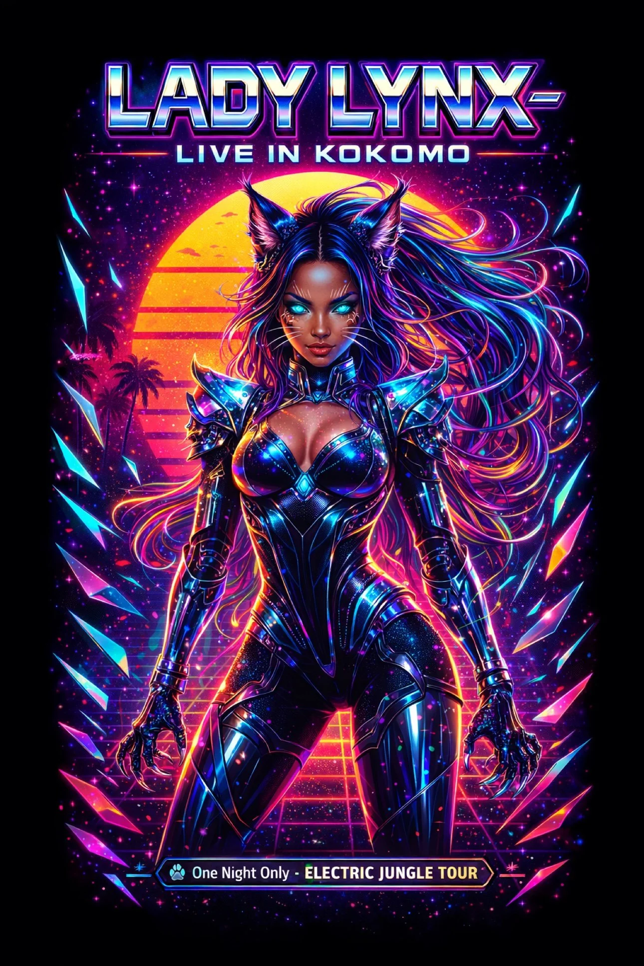 Lady Lynx fictional in-universe poster — LIVE IN KOKOMO, One Night Only – ELECTRIC JUNGLE TOUR poster, neon cyber-style portrait. Fictional universe artwork, not a real performance; a future poster/print merch candidate, with no shop link or price.
