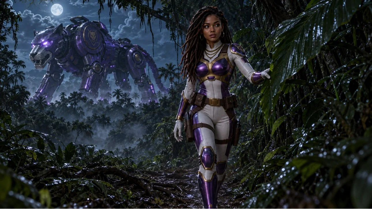 Lady Lynx character key art, heroine in white, purple and gold suit walking through a moonlit jungle with a giant purple robotic panther behind her