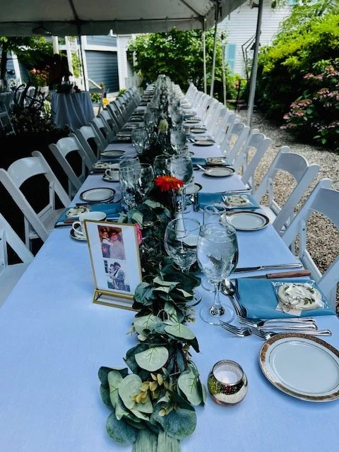 30 ft Wedding Reception Garden Party Tablescape in Marblehead, MA