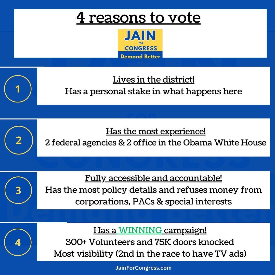 While I am one of 16 great candidates on your ballot for Congress, here are 4 reasons I hope to earn your vote. JainForCongress.com #DemandBetter