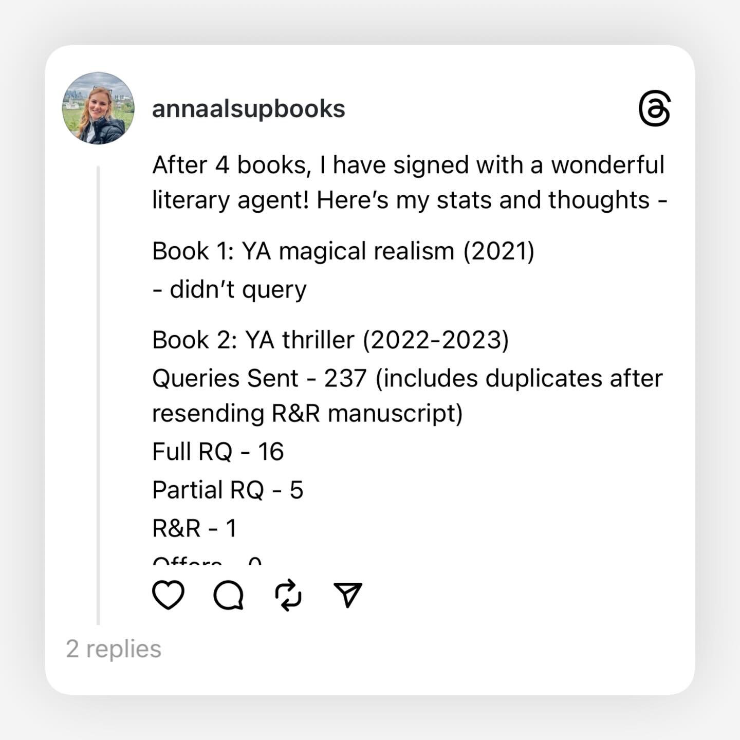 Shared the stats of my querying journey over the last 4+ years and 4 books, plus some general thoughts on the querying process (threads link in my bio)