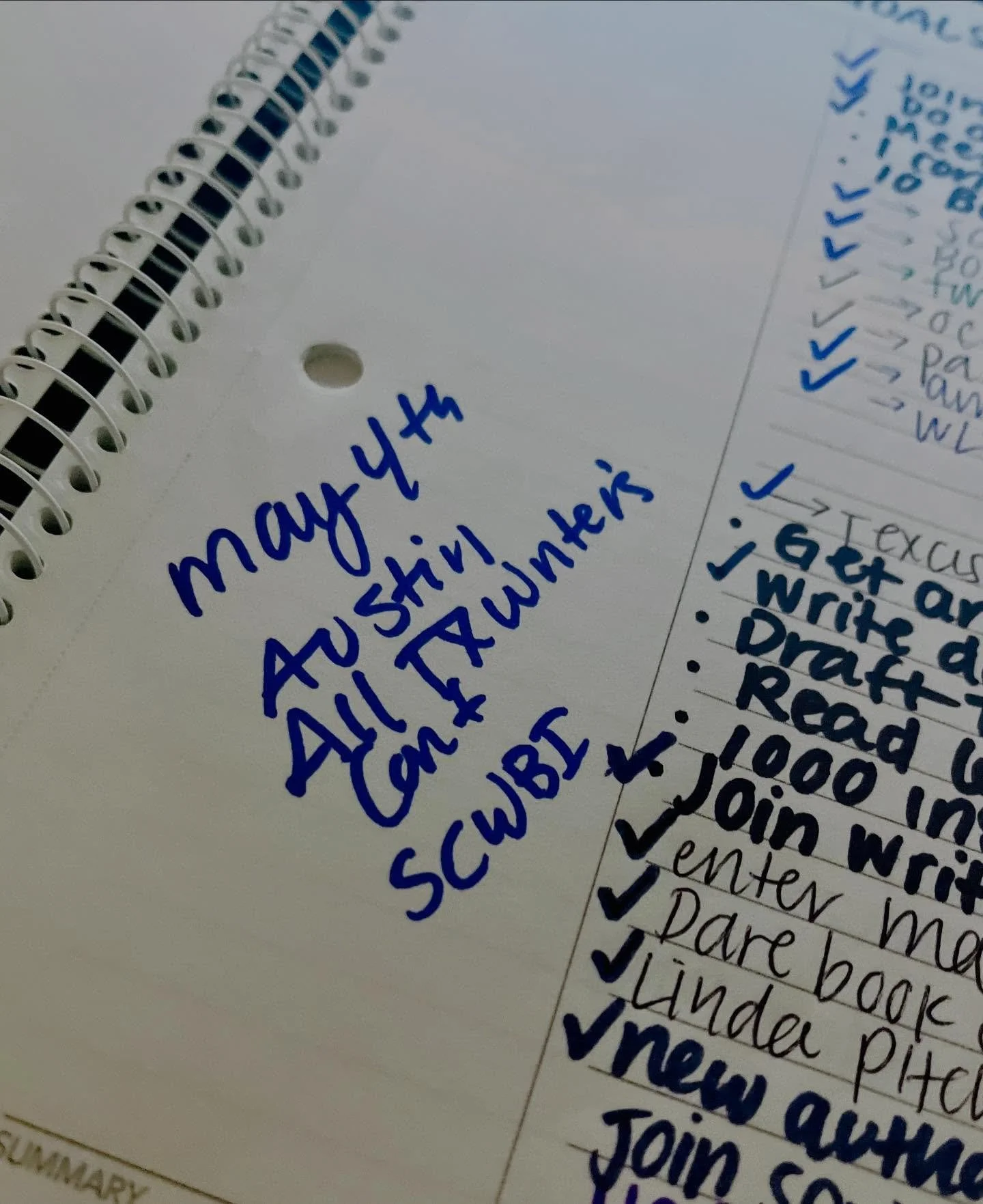 Found an old notebook from 2022-2023. I&rsquo;d marked down the all-TX SCBWI conference I was interested in attending (I ultimately didn&rsquo;t), and now 3 years later, I&rsquo;m part of the leadership team for Austin SCBWI, have planned the 2025 an