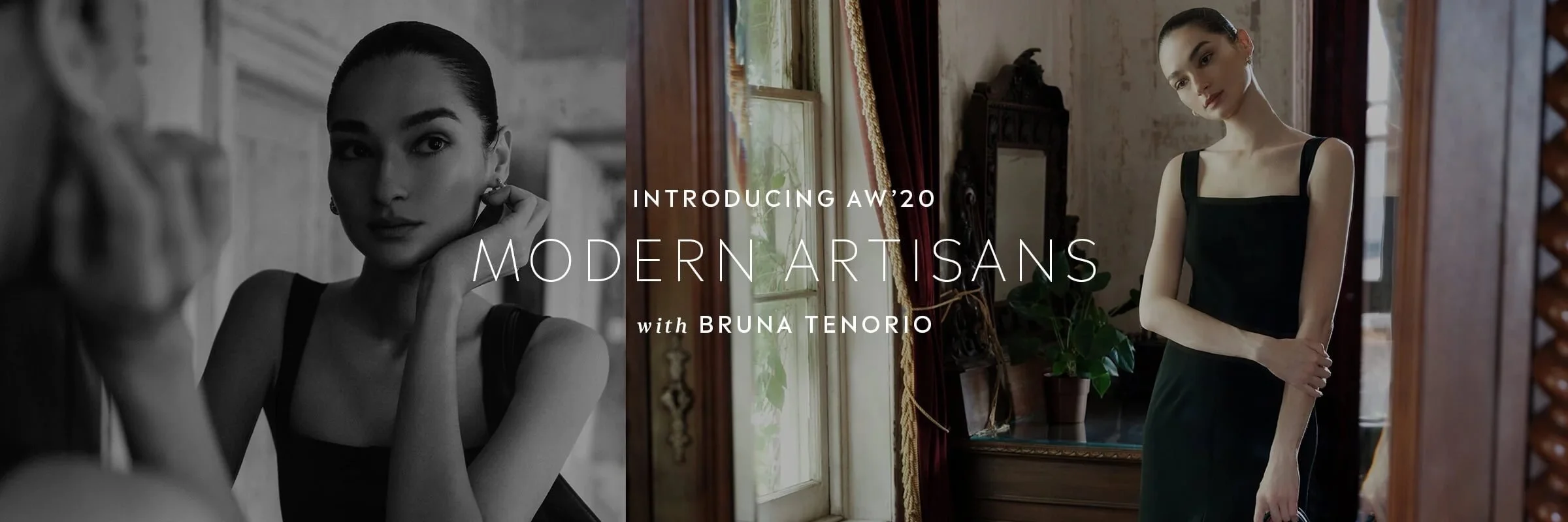 Fashion advertisement for modern artisanal clothing with a model in a black dress in an elegant vintage room, with text introducing Bruna Tenorio for AW'20.