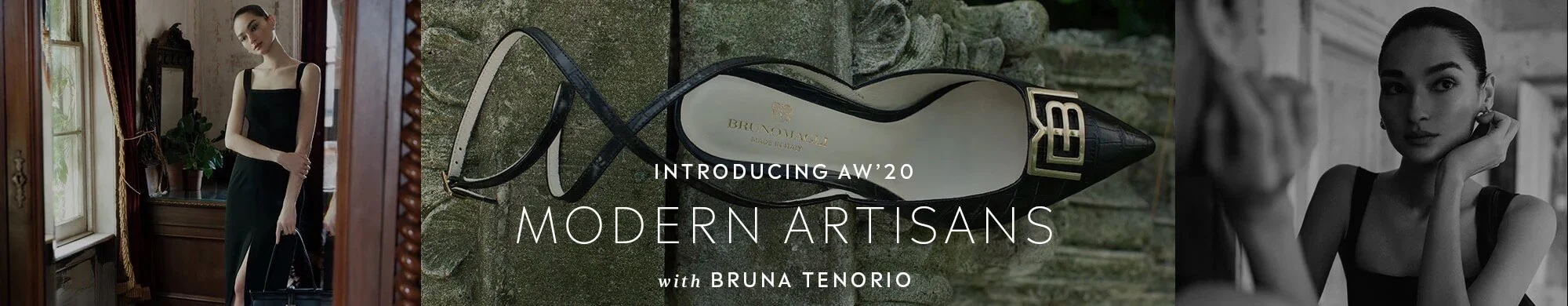 A collage image featuring a woman in a black dress holding a handbag, a black and white high heel shoe with gold accents, and a black-and-white portrait of a woman with dark hair wearing a sleeveless top.