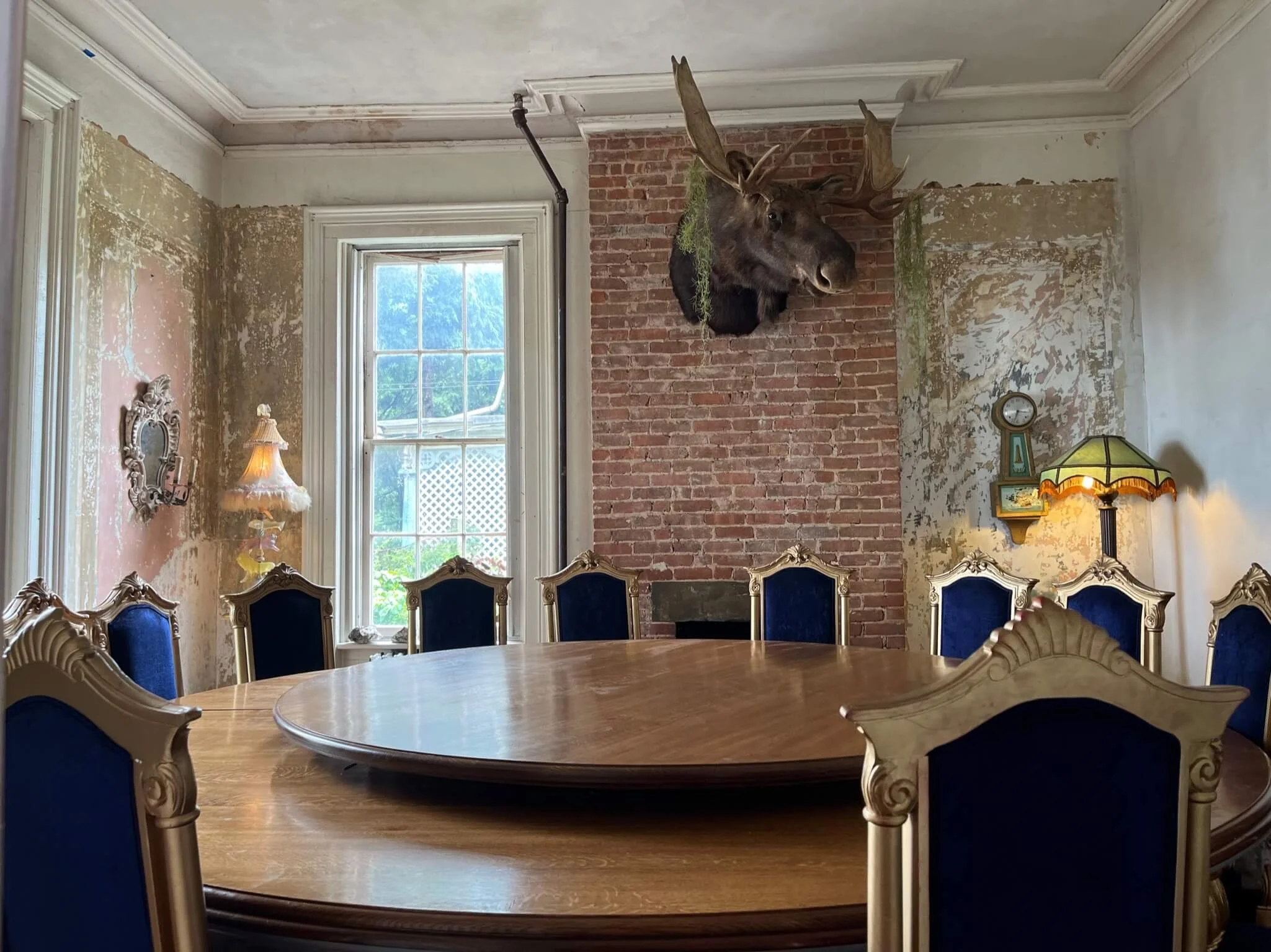 Dining room with a large round wooden table, ornate chairs with blue upholstery, a window letting in natural light, a mounted moose head on an exposed brick wall, vintage lamps, and distressed walls.