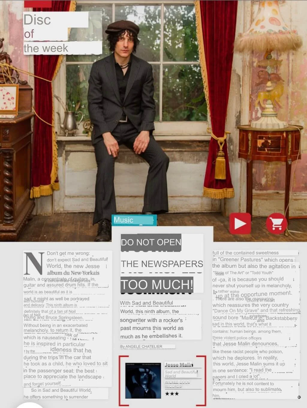 A person with curly dark hair, wearing a pinstripe suit and a hat, sitting on a windowsill in a vintage room with red curtains, a lamp, and old-fashioned furniture.