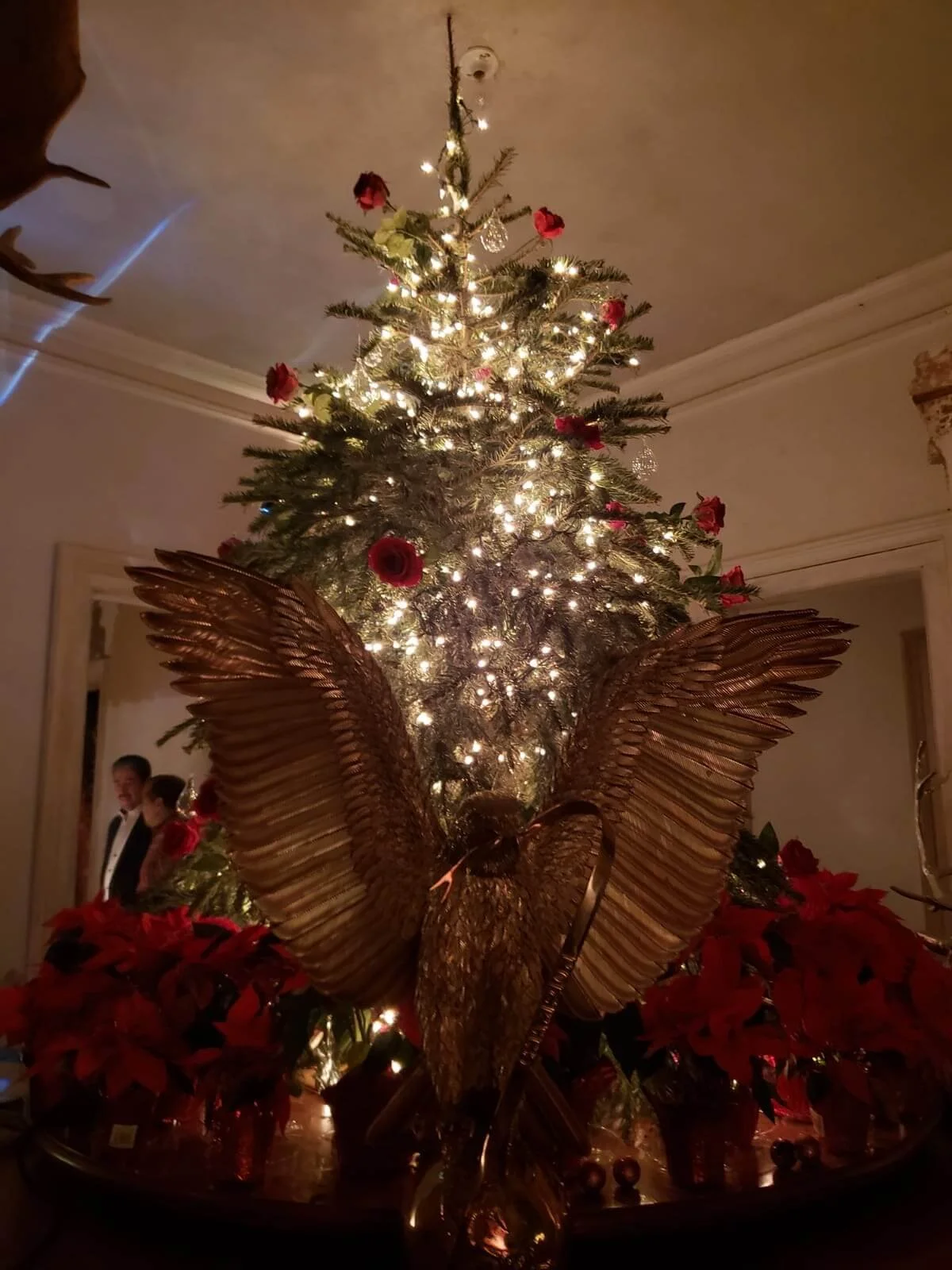 Decorative golden bird sculpture with outstretched wings in front of a lit Christmas tree adorned with red flowers and surrounded by red poinsettias.