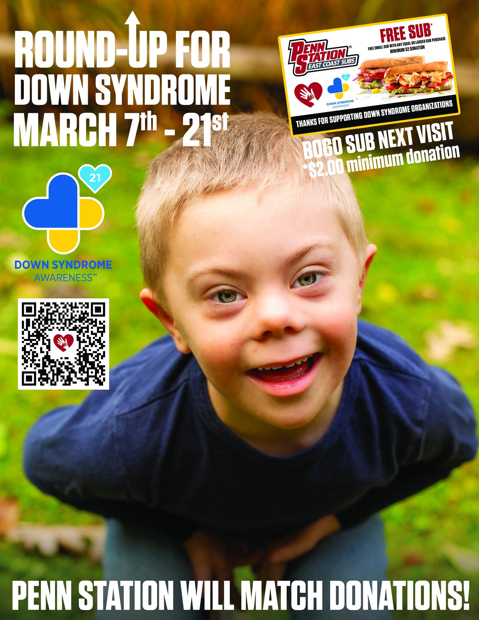 Time is running out for you to Round UP! Get to a Penn Station and show some love for our incredible community of Down syndrome associations. 
Find your local Penn Station here: https://www.penn-station.com/locations.php