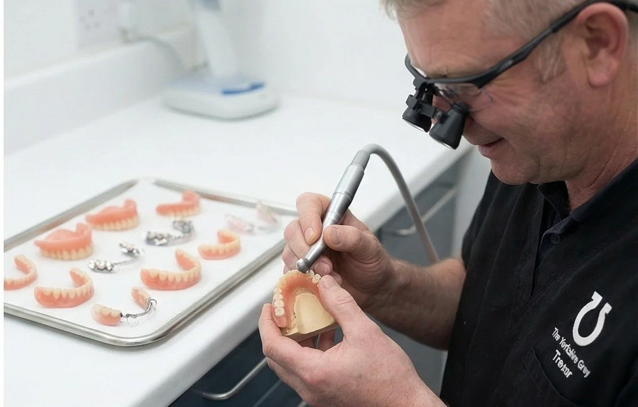 Dentist examining a dental prosthetic using a magnifying tool in a clinical setting, with multiple prosthetic teeth on a tray in the background.