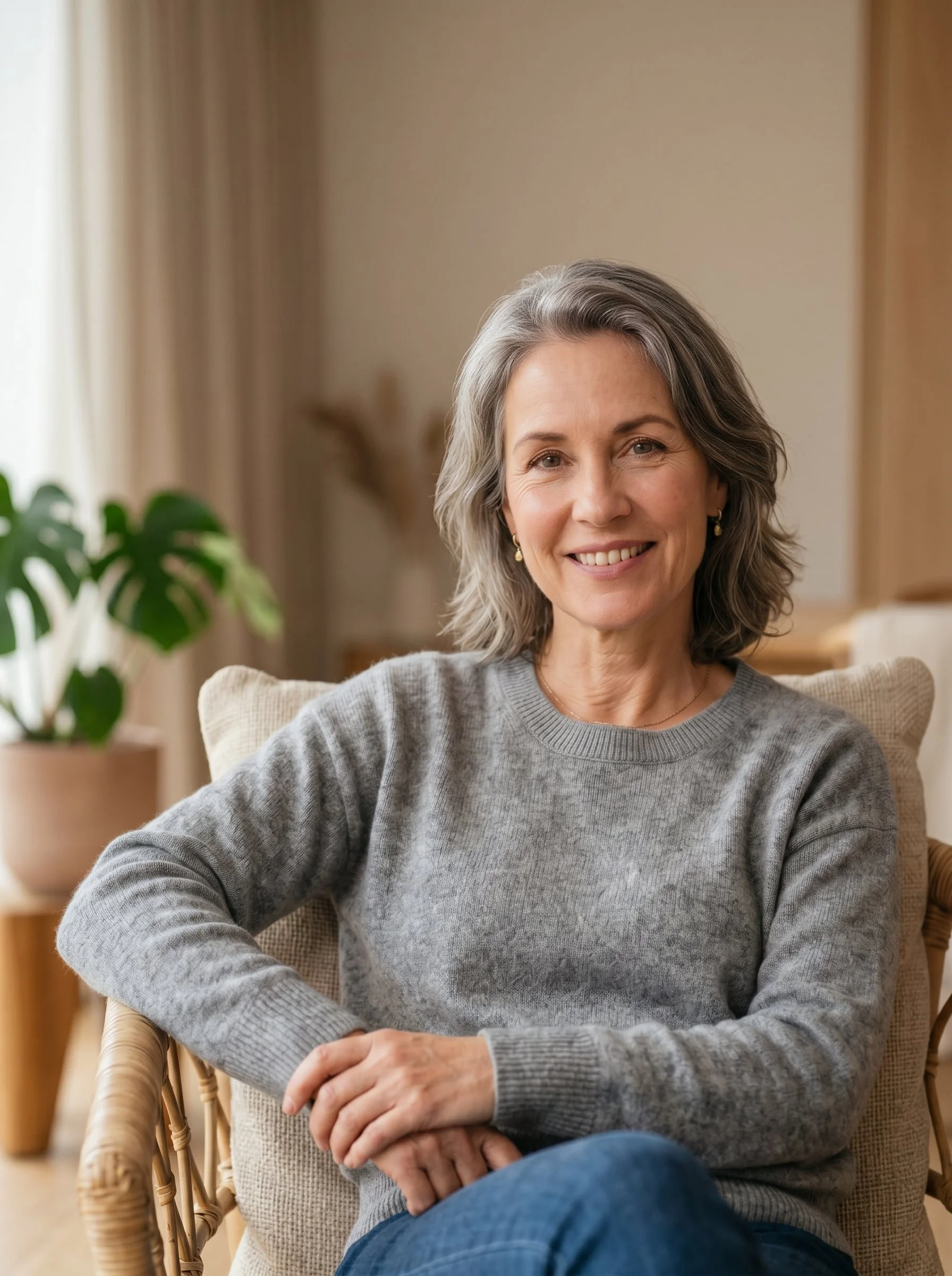 A smiling middle-aged woman with gray hair, wearing a gray sweater, sitting on a beige chair in a cozy room with a potted plant and warm-colored decor.