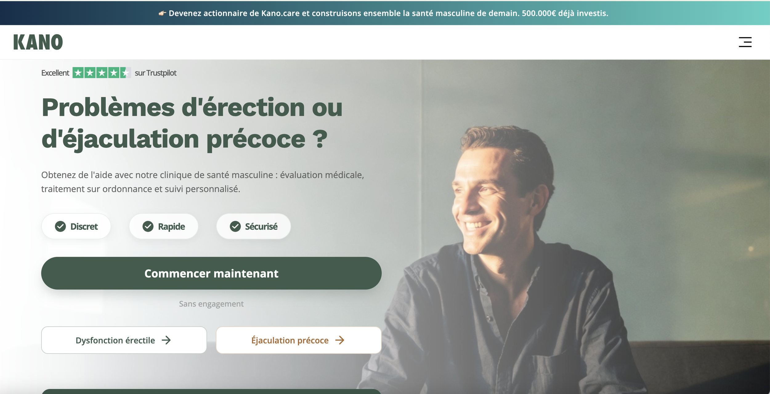 Page d'accueil d'un site web proposant une clinique pour traiter les problèmes d'érection ou d'éjaculation précoce, avec un bouton pour commencer, et une photo d'un homme souriant.