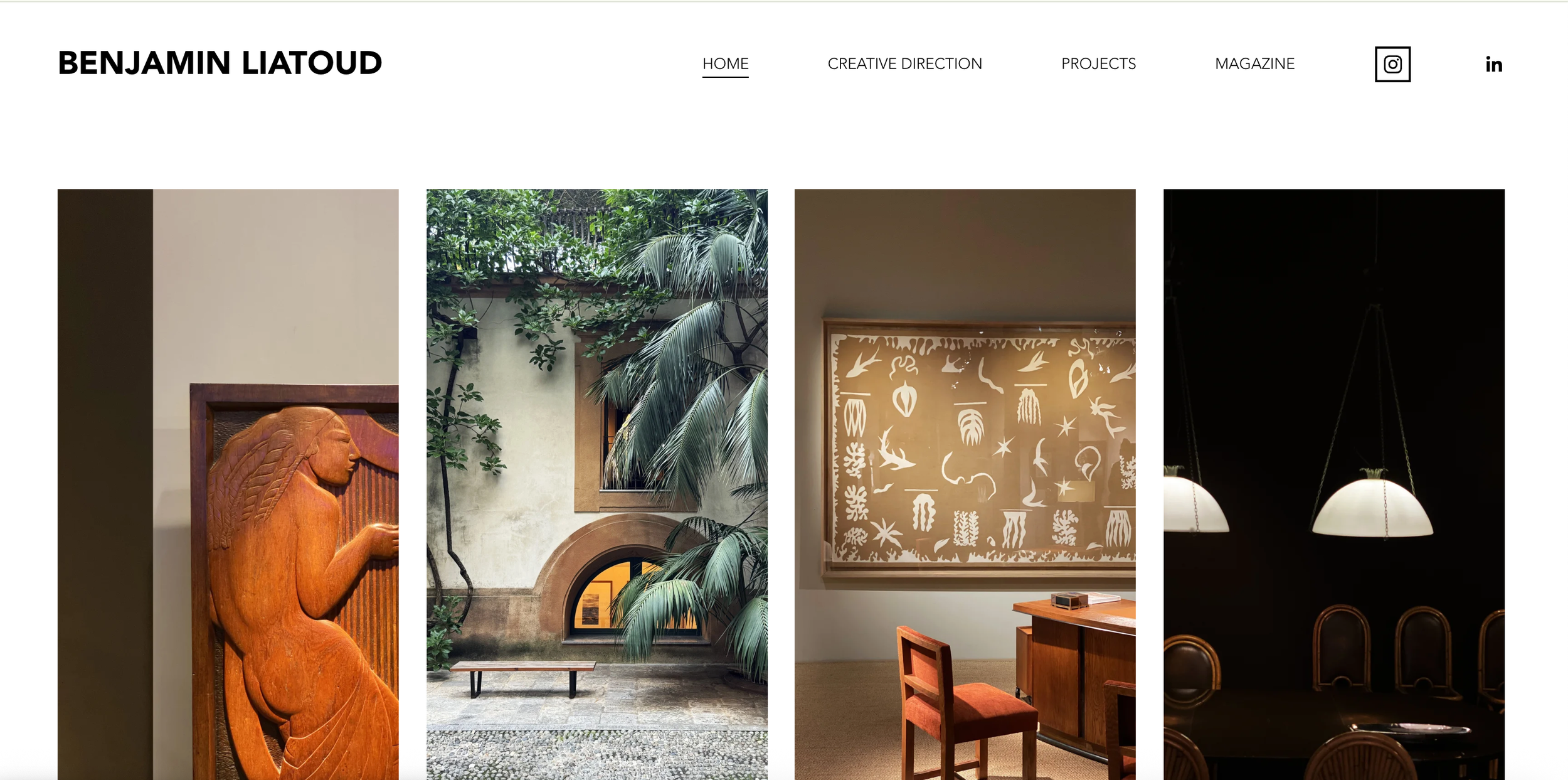 Page d'accueil d'un portfolio de Benjmain Liatoud avec quatre images d'arts et d'intérieurs, et un menu avec des liens vers différentes sections.