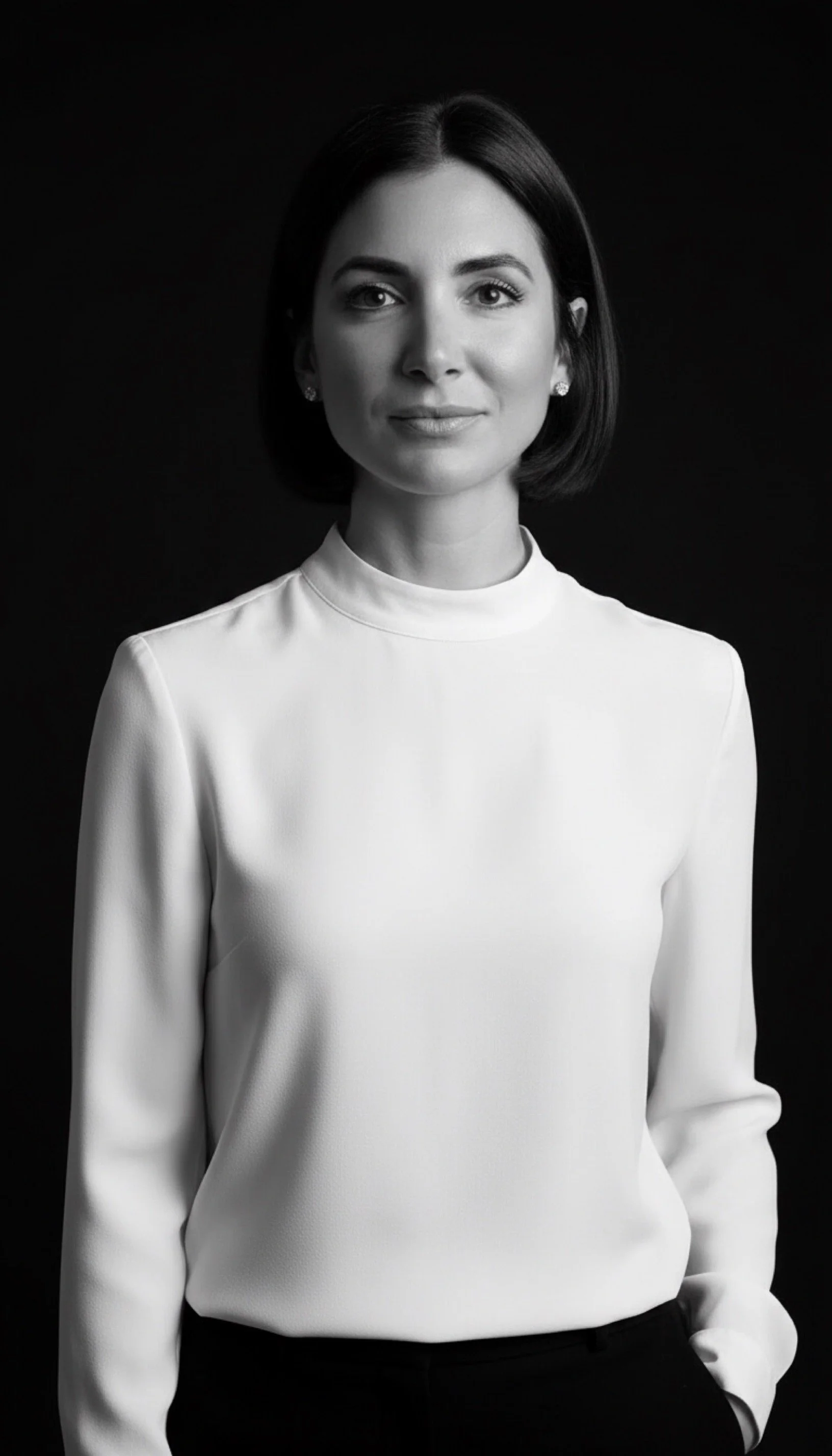 Portrait en noir et blanc d'une femme portant une blouse blanche et des boucles d'oreilles, regardant vers l'appareil, fond sombre.