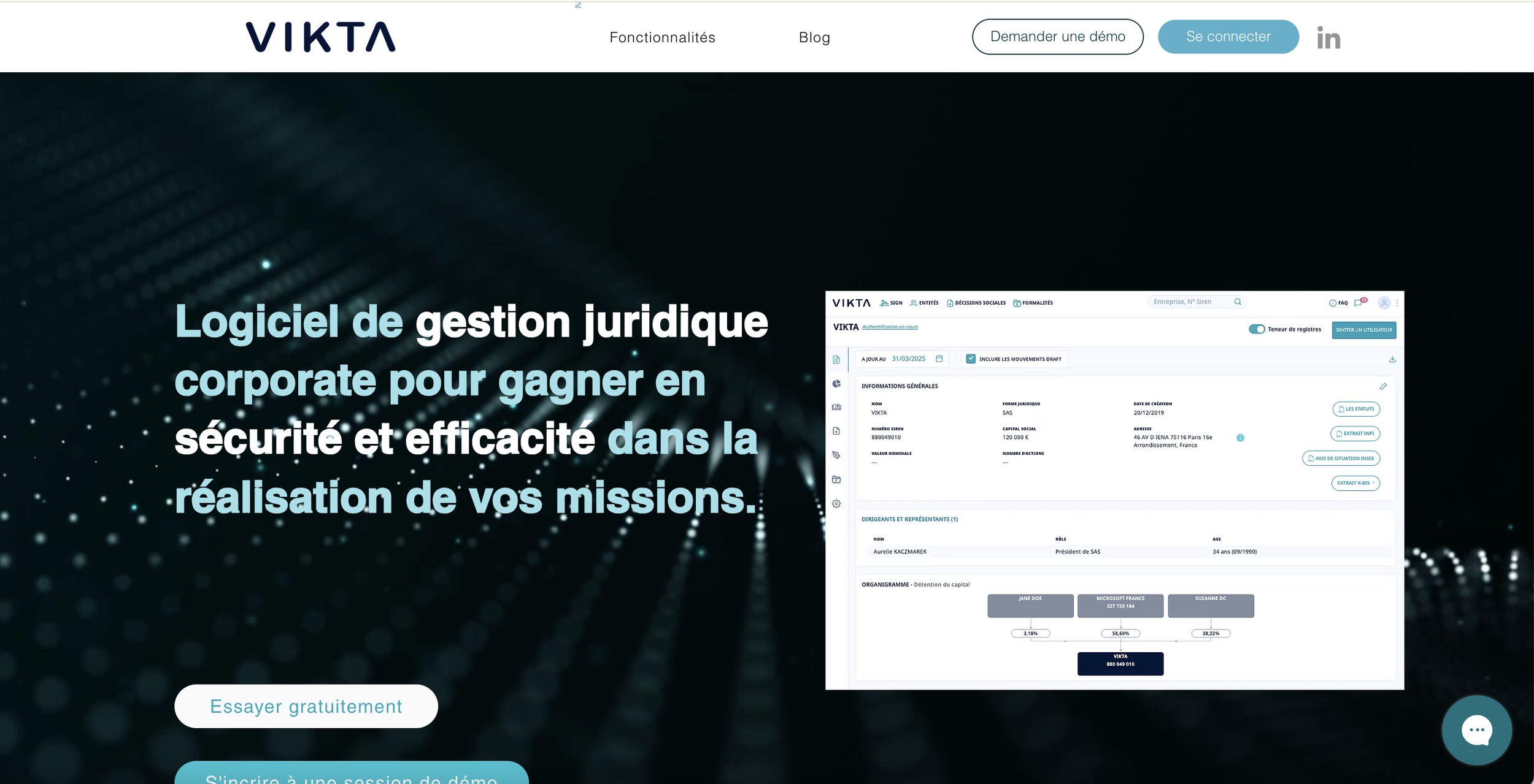 Page d'accueil du site VIKTA présentant un logiciel de gestion juridique d'entreprise, avec une capture d'écran du tableau de bord et du menu, en français.