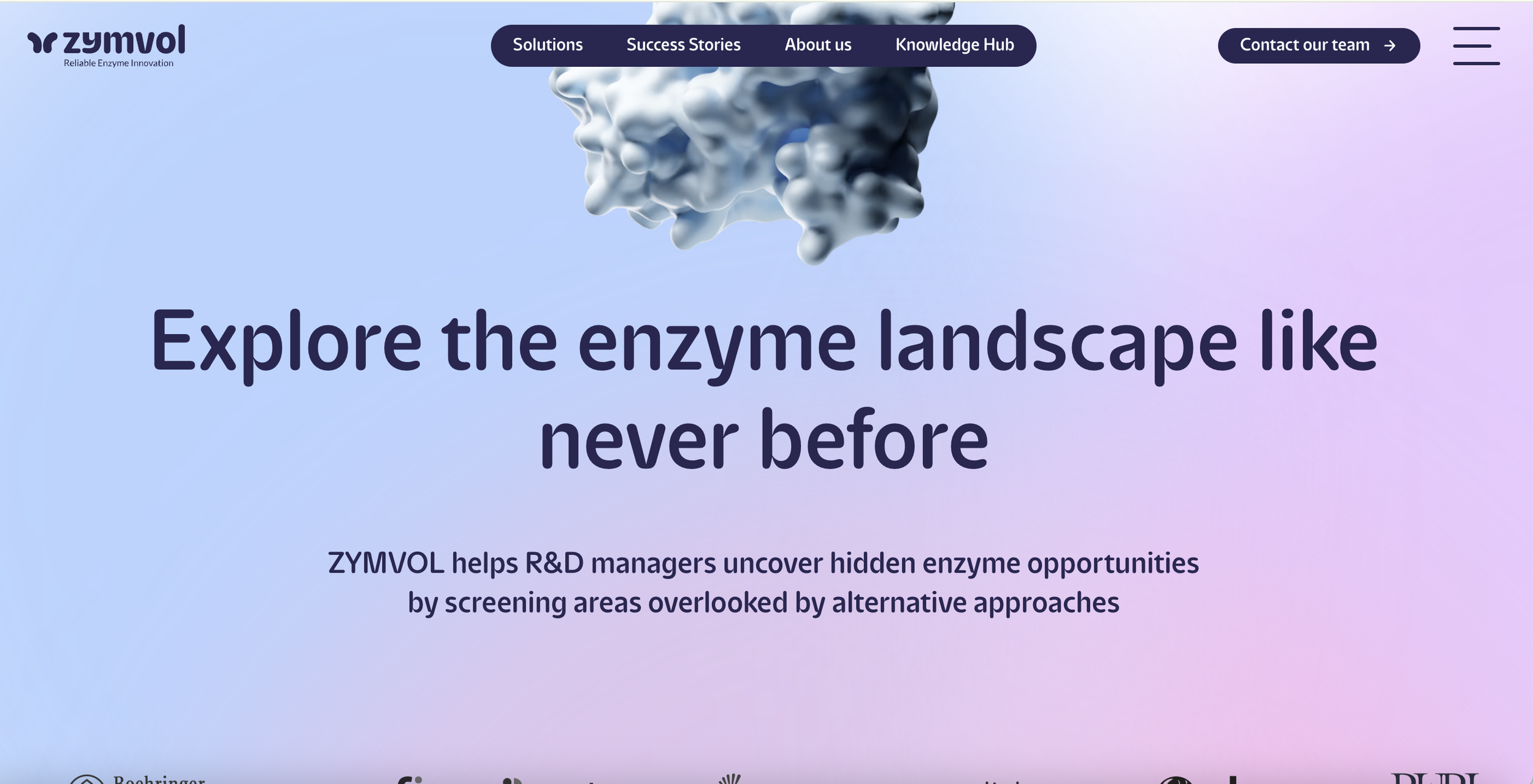 Page d'accueil d'un site web avec un logo 'ZYMVAL'. Un gros titre dit 'Explorez le paysage enzymatique comme jamais auparavant'. Un sous-titre indique que 'ZYMVAL aide les gestionnaires de R&D à découvrir des opportunités enzymatiques cachées en analysant des régions négligées par d'autres approches'.
