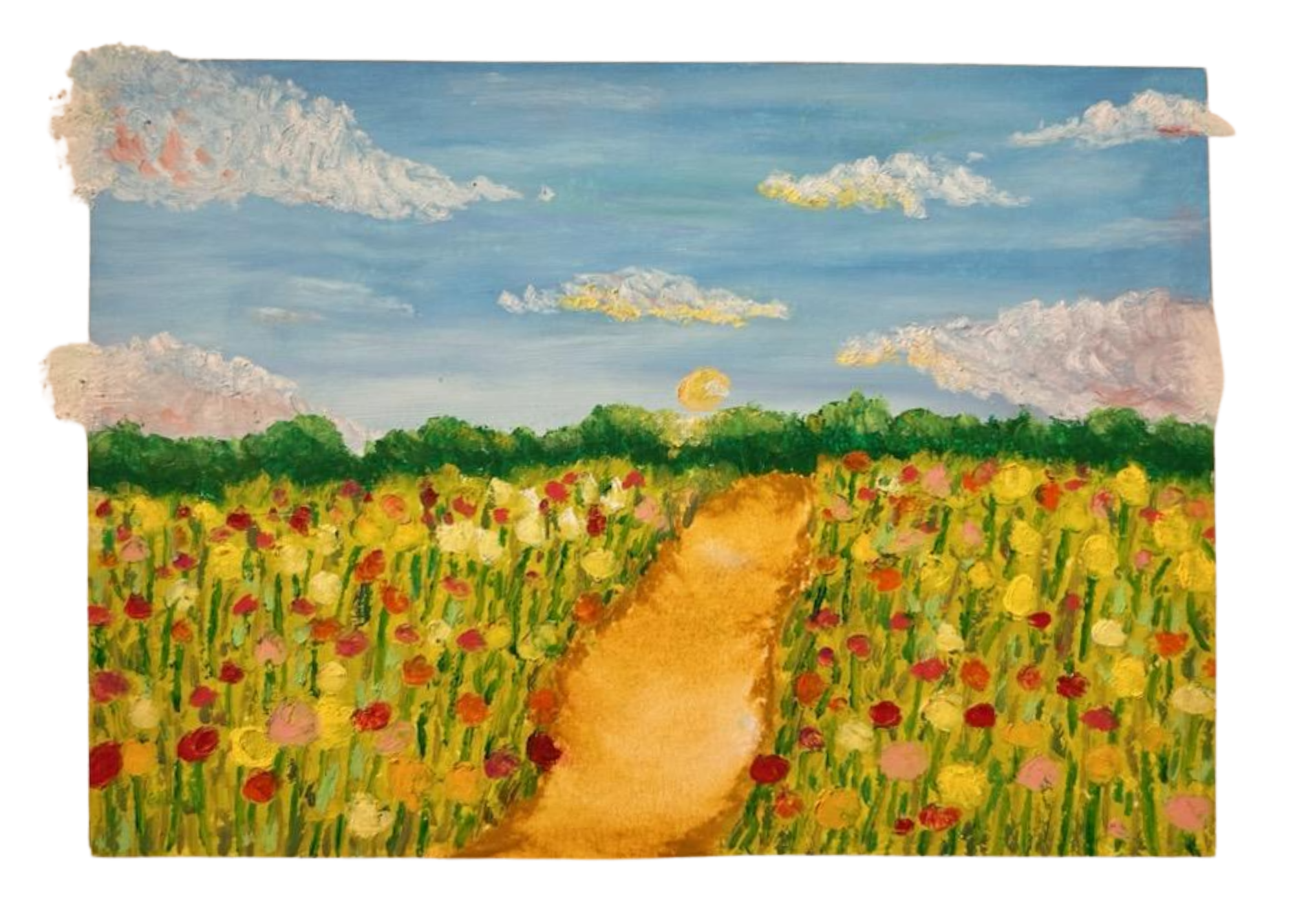 Colorful landscape painting of a flower field with a dirt path leading to the horizon, green foliage, a blue sky, and white clouds.