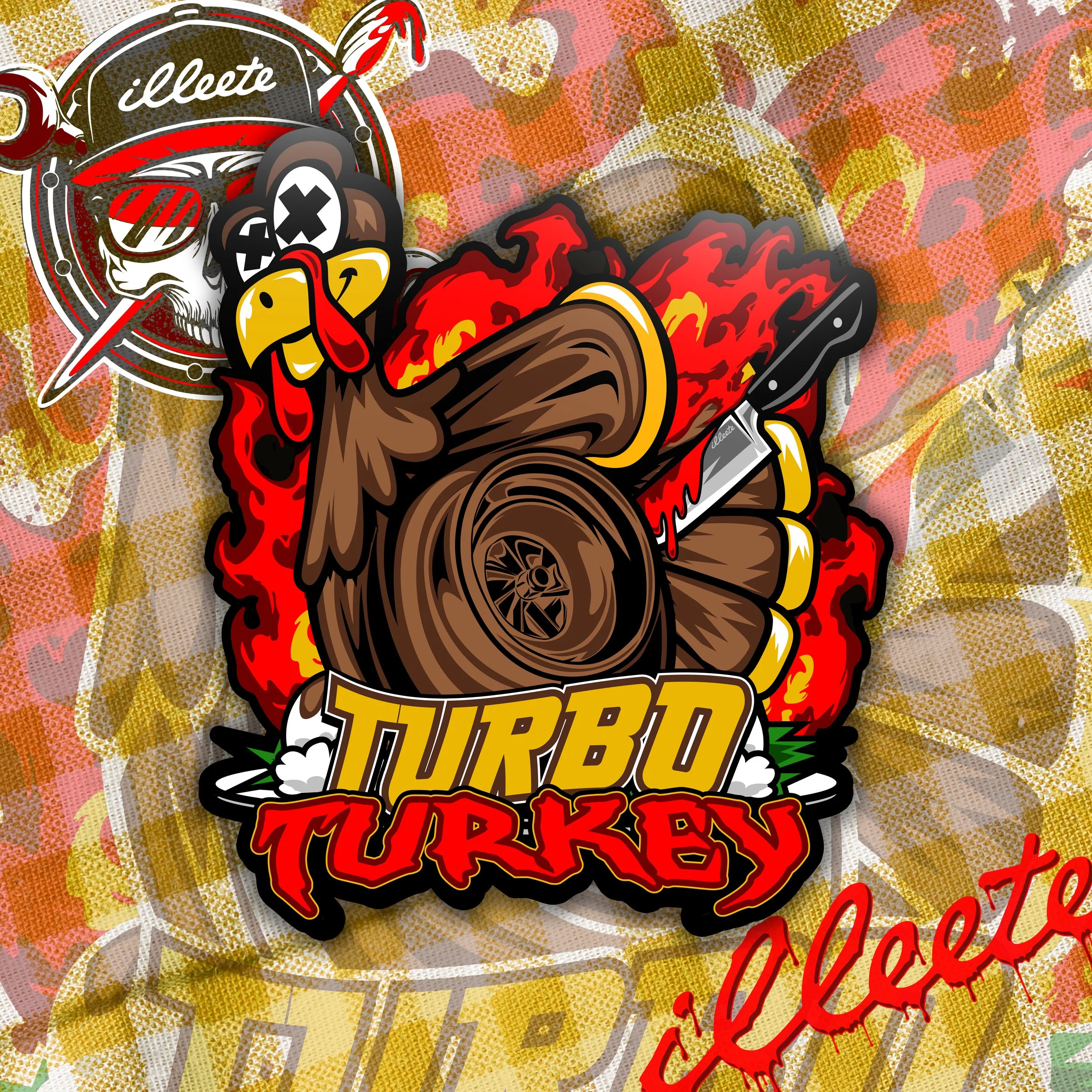 Illustration of a cartoon turkey with a knife, surrounded by flames, with the words 'Turbo Turkey' and 'Cali Coast' on a colorful background.