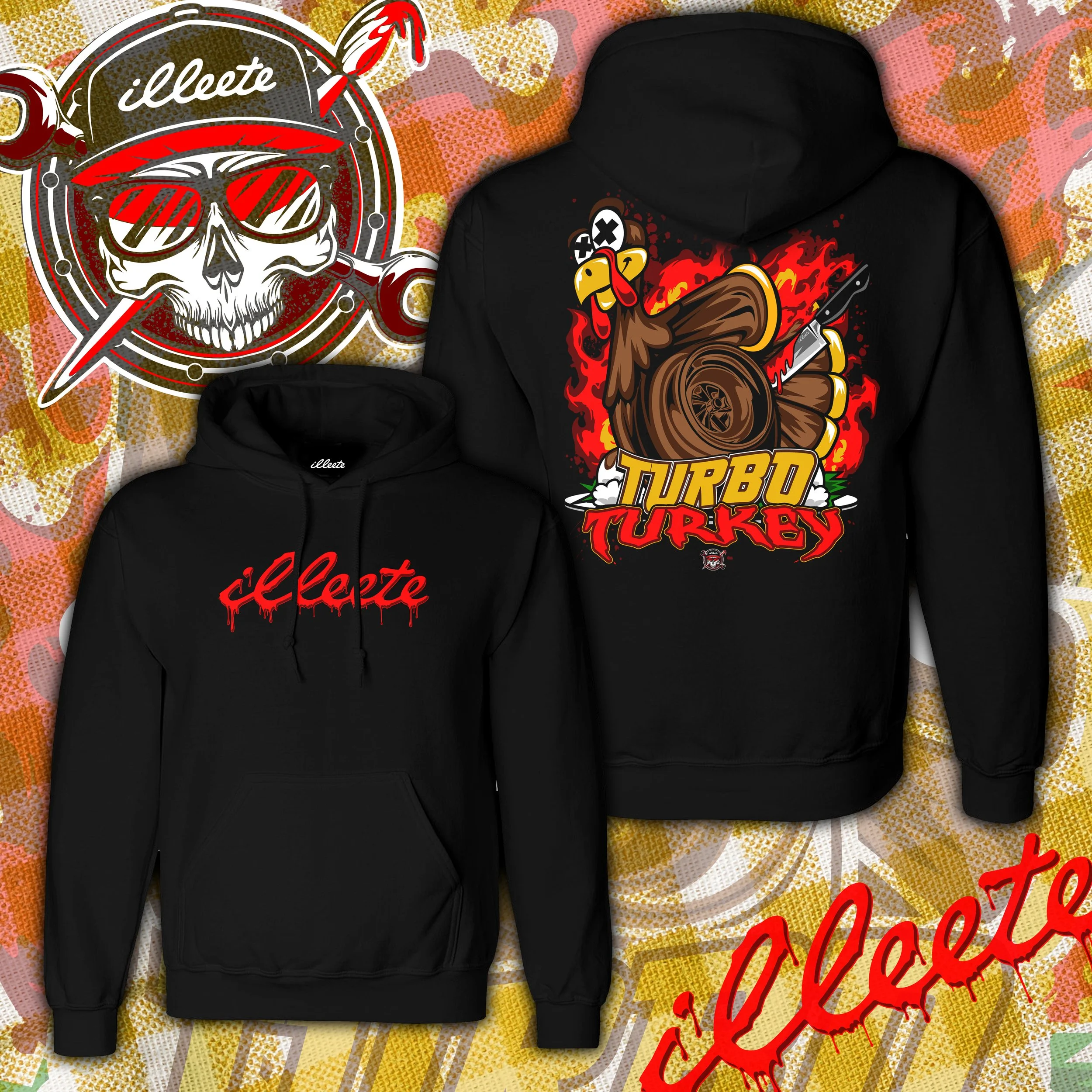 Black hoodies with red and yellow graphic designs, one features a skull with sunglasses and the other features a cartoon turkey with logs and a knife, surrounded by flames.