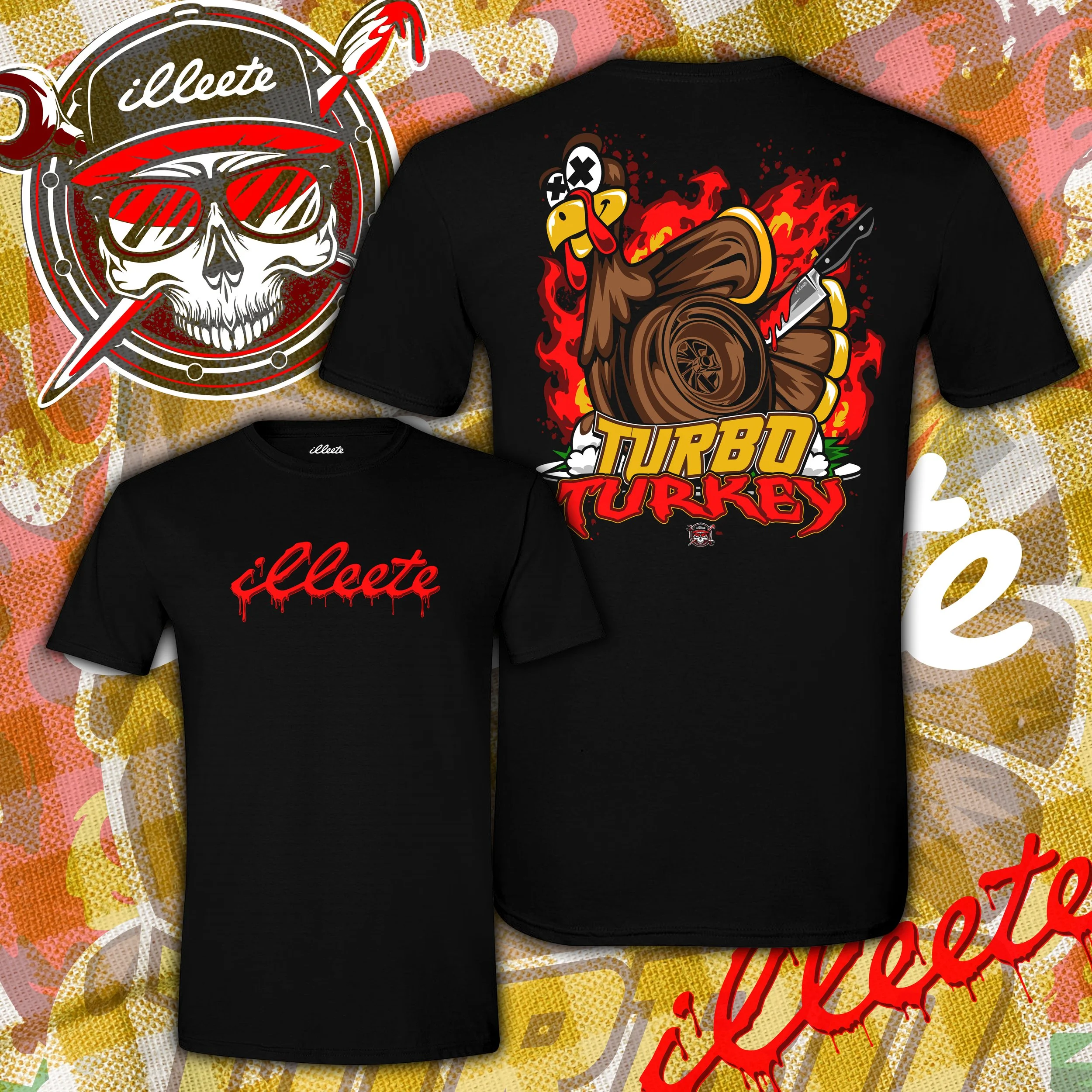 Two black t-shirts with red and yellow designs. One shirt features the word 'illeete' in a dripping red font. The other shirt has a cartoon turkey with a knife and flames, along with the words 'Turbo Turkey' in bold yellow and red letters.