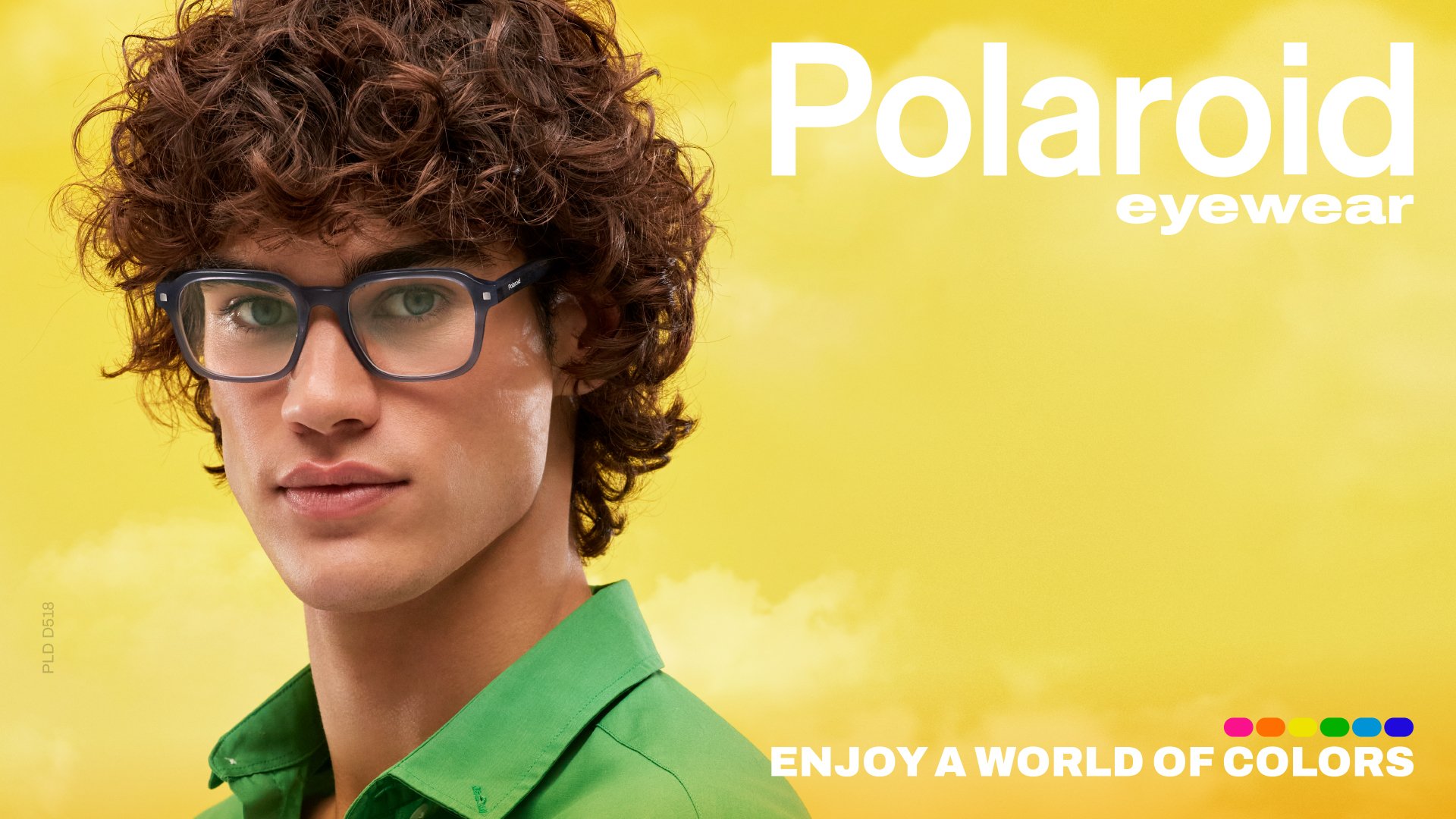 Person wearing Polaroid glasses on a yellow background with text 'Polaroid Eyewear' and 'Enjoy a World of Colors.'