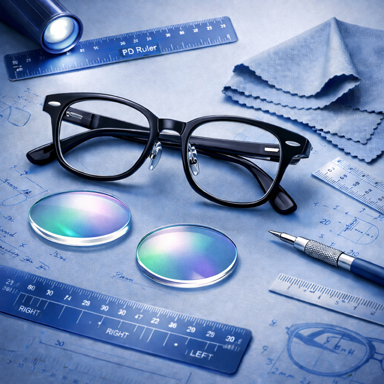 Reglaze glasses with replacement prescription lenses fitted to existing frames by Tailored Optical