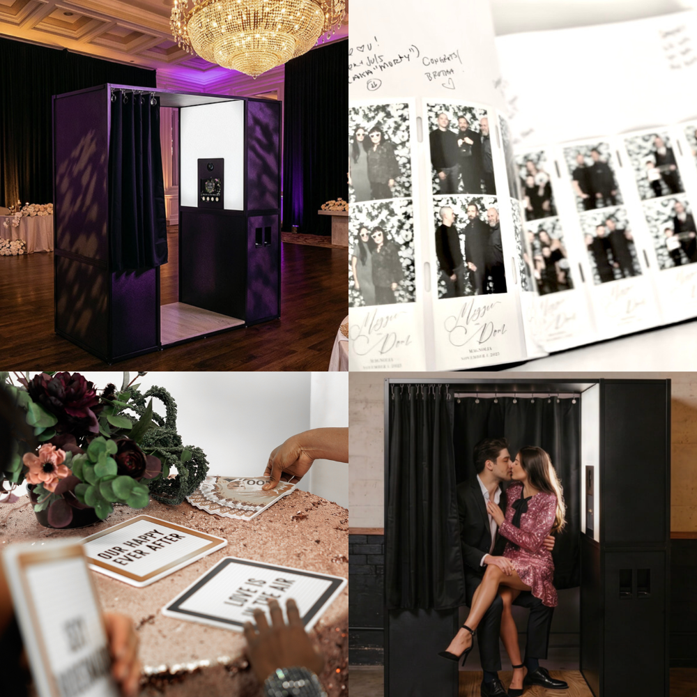 an enclosed photo booth being used by a couple at their wedding with props and photos