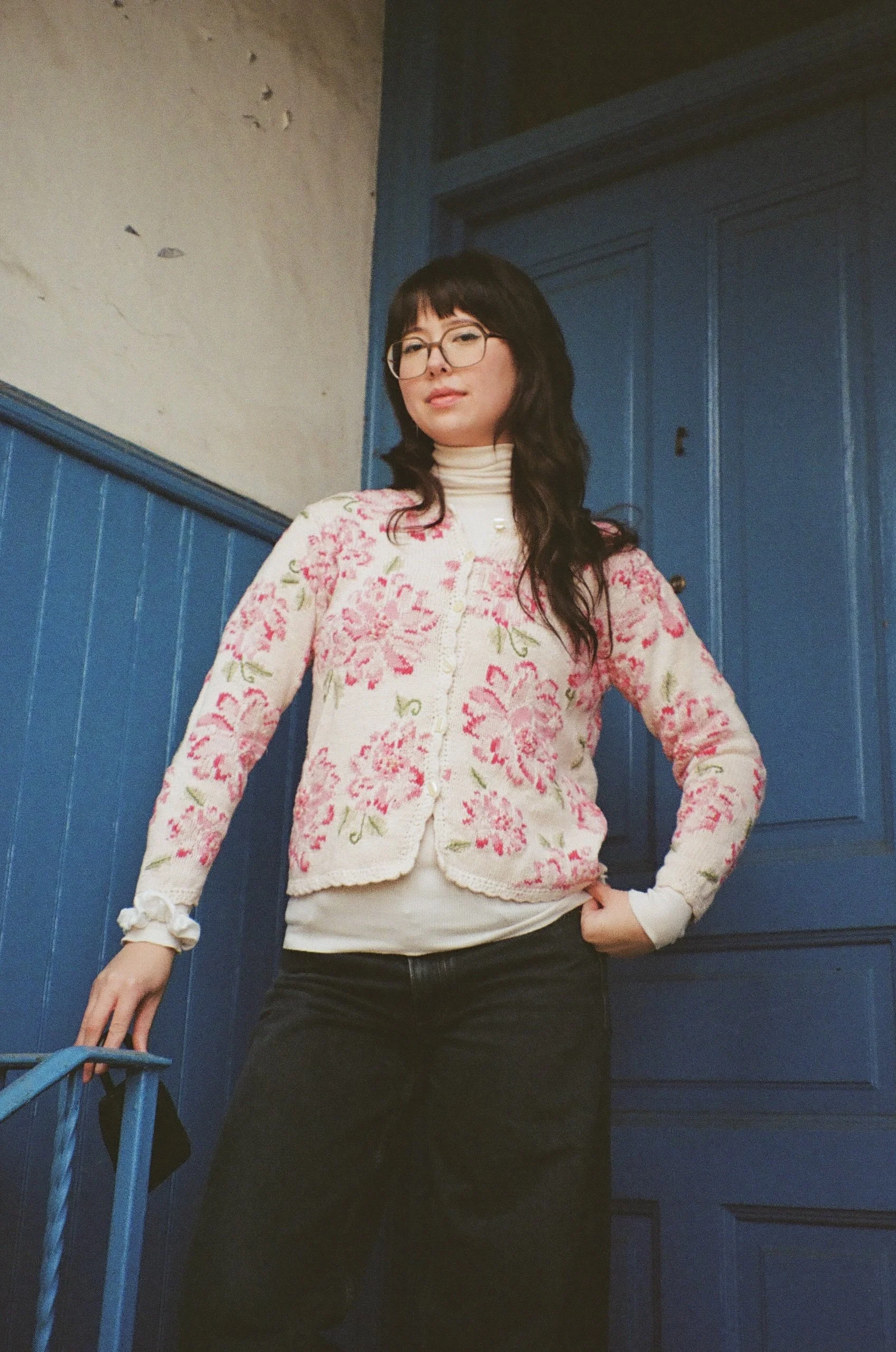 90's camellia flower knit cardigan (XS/S)